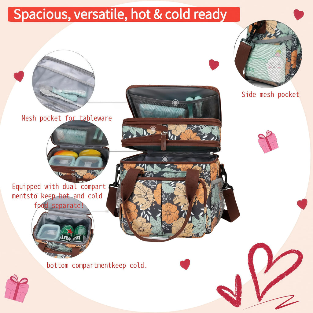 Expandable Insulated Lunch Bag for Women & Men - Large Leakproof Cooler Tote with 8 Pockets(Yellow Flowers)