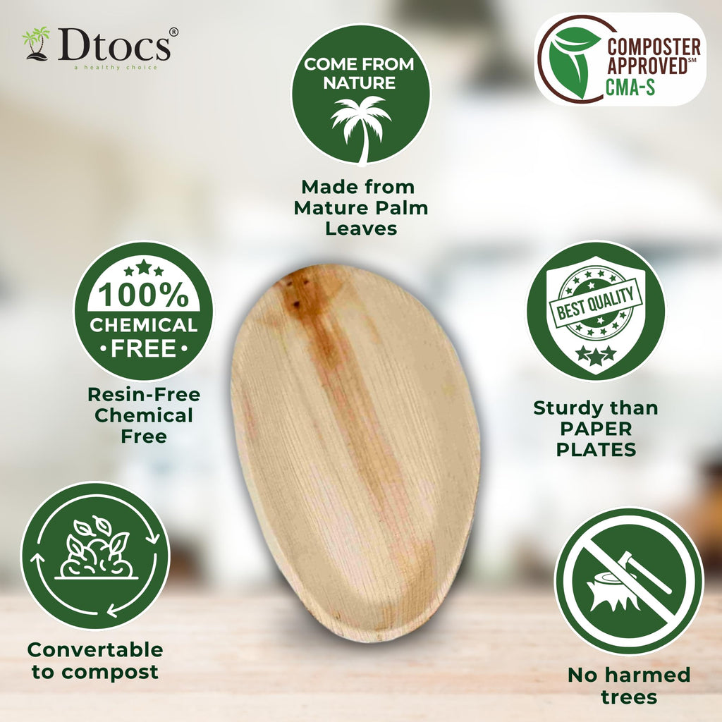 Dtocs Palm Leaf Disposable Plates 7x5 Inch Oval (50) | Wooden, Bamboo Plates Look | Dinnerware Set for Appetizer, Dinner, Mini Charcuterie Boards | Disposable Alt to Plastic, Wood, Paper Plates
