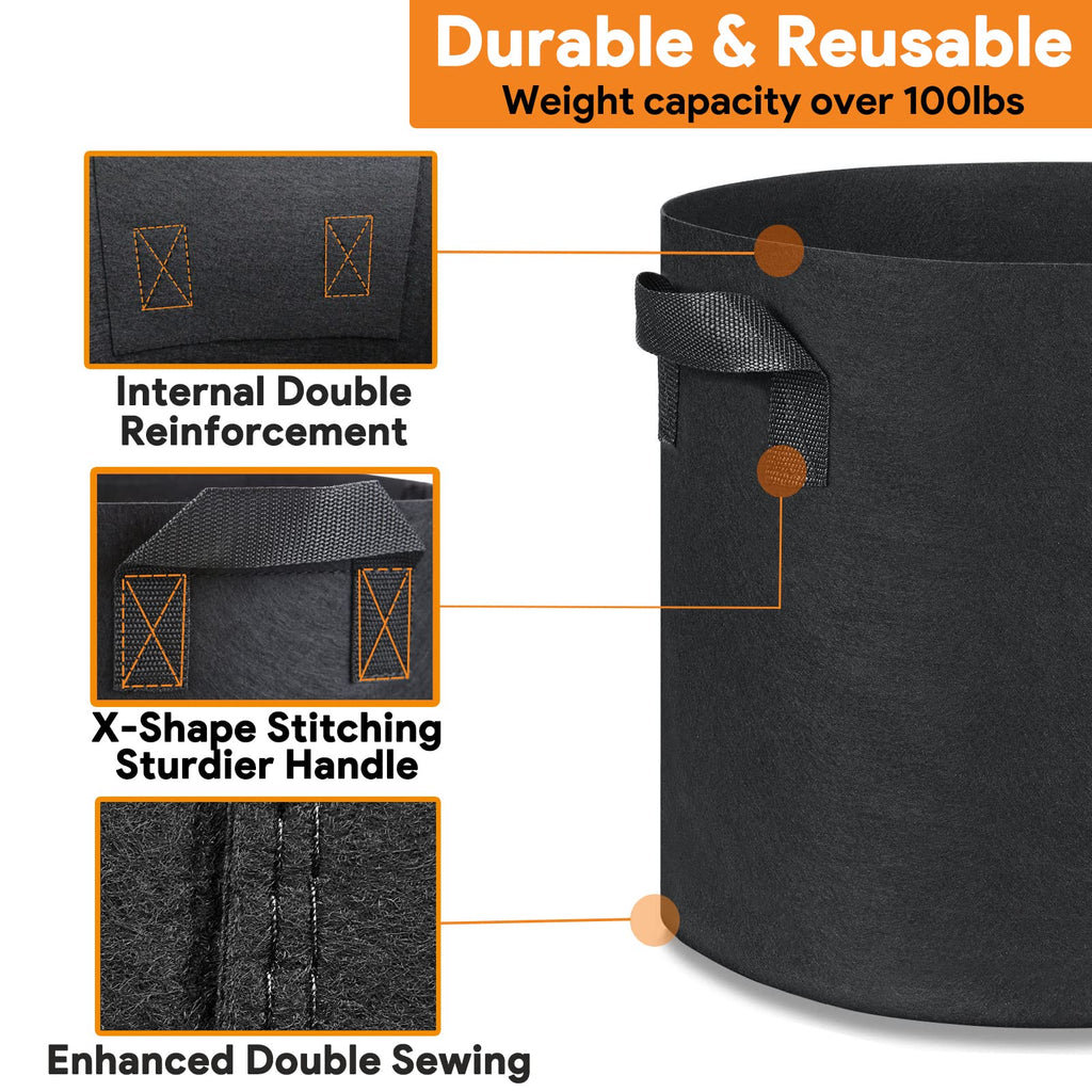 Grow Bags 5 Gallon 5 Pack Fabric Pots 300g Heavy Duty Thickened Nonwoven Plant Grow Bags with Handles for Vegetable Tomato Potato Fruits Flowers Garden Pots for Plants Indoor Outdoor(12" Dia x 10" H)