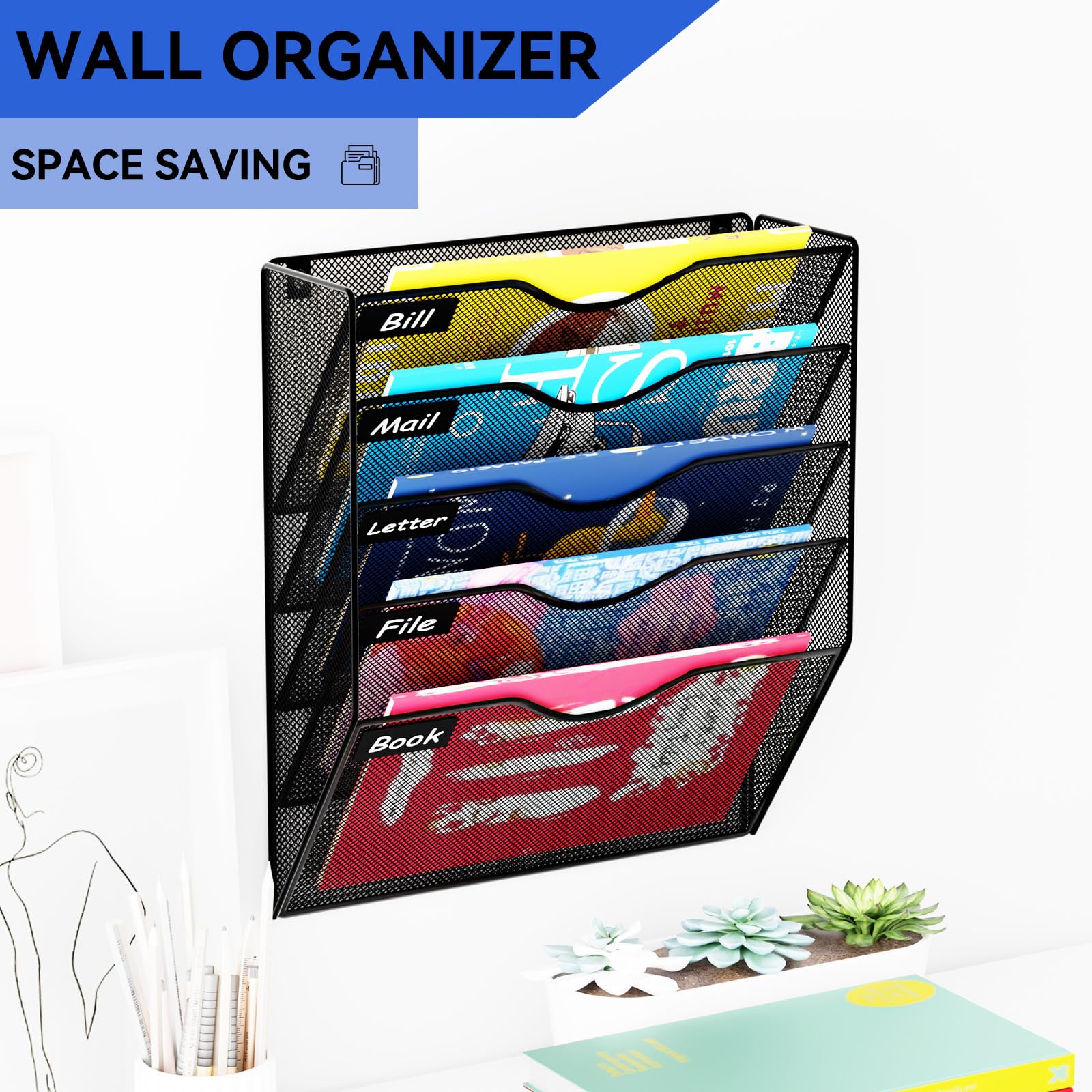 GDINDINFAN 5 Pockets Mesh Hanging Wall File Holder Organizer Wall Mounted Paper Magazine Rack, Black