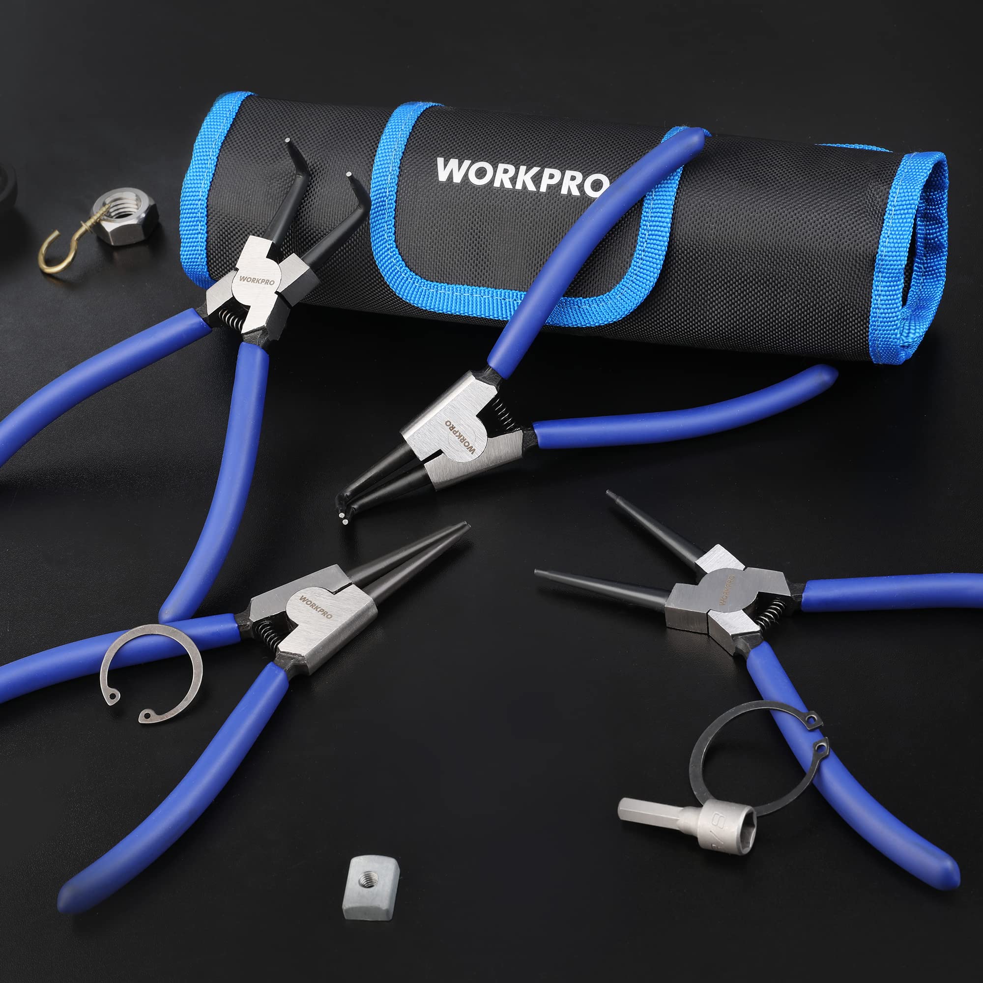 WORKPRO 4-Piece Snap Ring Pliers Set, 7-Inch Internal and External Circlip Pliers Kit with Straight and Bent Jaw, for Ring Remover Retaining, Storage Pouch Included
