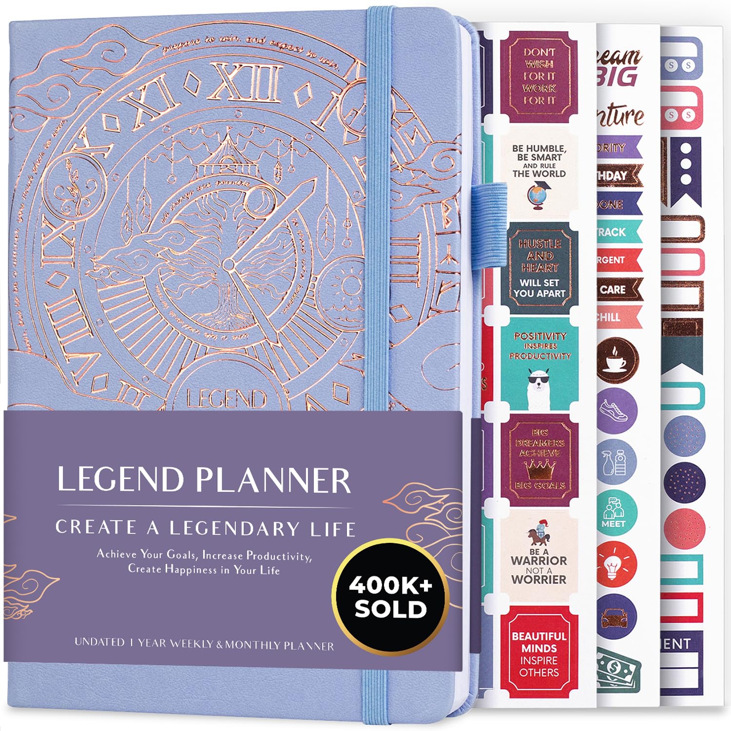 Legend Planner – Deluxe Weekly & Monthly Life Planner to Hit Your Goals & Live Happier. Organizer Notebook & Productivity Journal. A5 Hardcover, Undated – Start Any Time + Stickers – Periwinkle