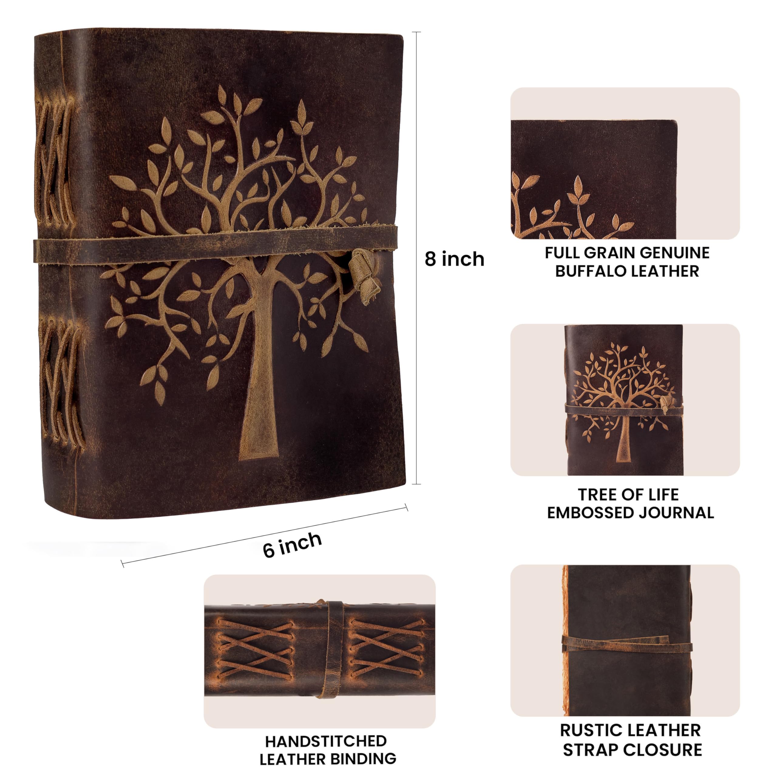 LEATHER VILLAGE Tree of Life Journal - 8 X 6 inches - Brown - 200 Antique Deckle Edge Handmade Paper – Book of Shadows - Vintage Leather Bound Journal for Women & Men