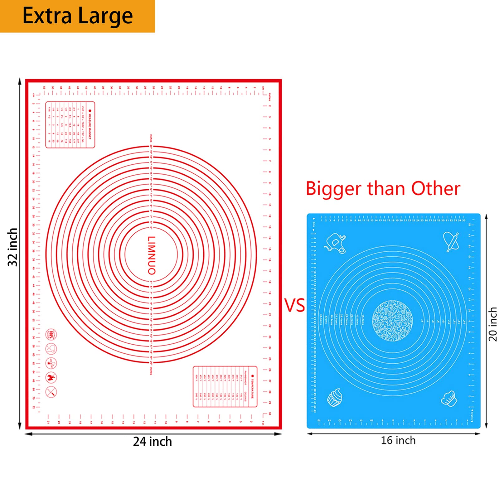 Silicone Pastry Mat - Extra Thick Non Stick Baking, Fondant, Counter, Dough Rolling, Oven Liner, Pie Crust
