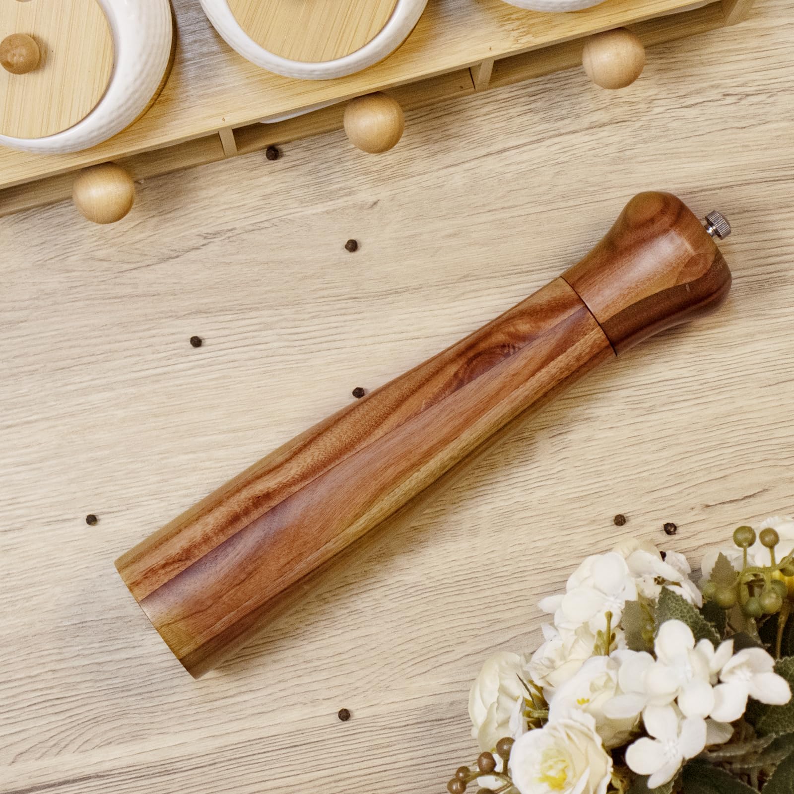 Acacia Wood Pepper Grinder Pepper Mill, 10 Inches Wooden Peppermill with Adjustable Coarseness, Ceramic Grinding Motor Salt Shaker Refillable for Home Kitchen
