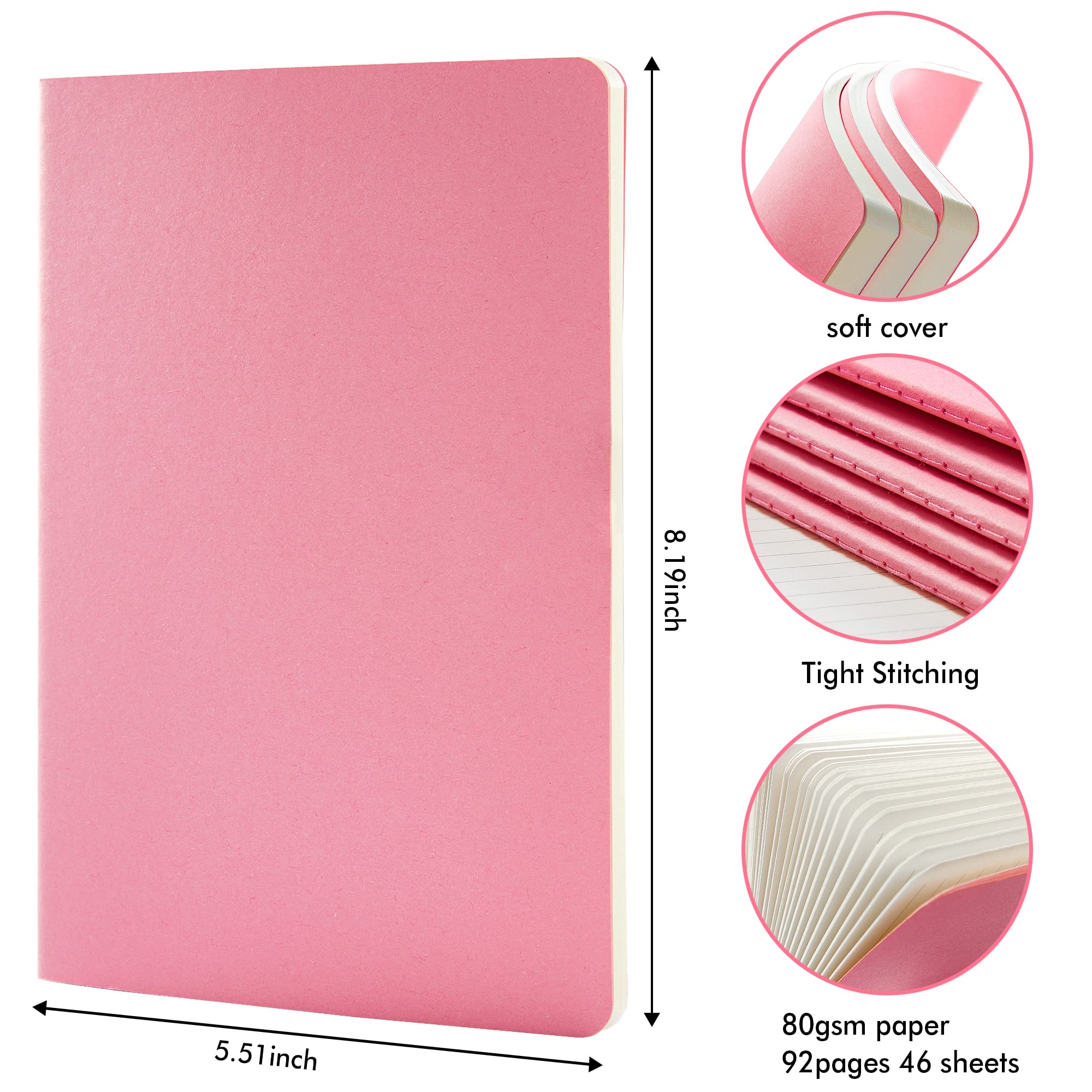 8 Pack Soft Cover Journal Bulk, Feela Notebooks College Ruled for Work, Lined Travel Journal for Women Men, Note Taking Notebook School Supplies Business Writing, 8.2” x 5.5”, A5, Pink