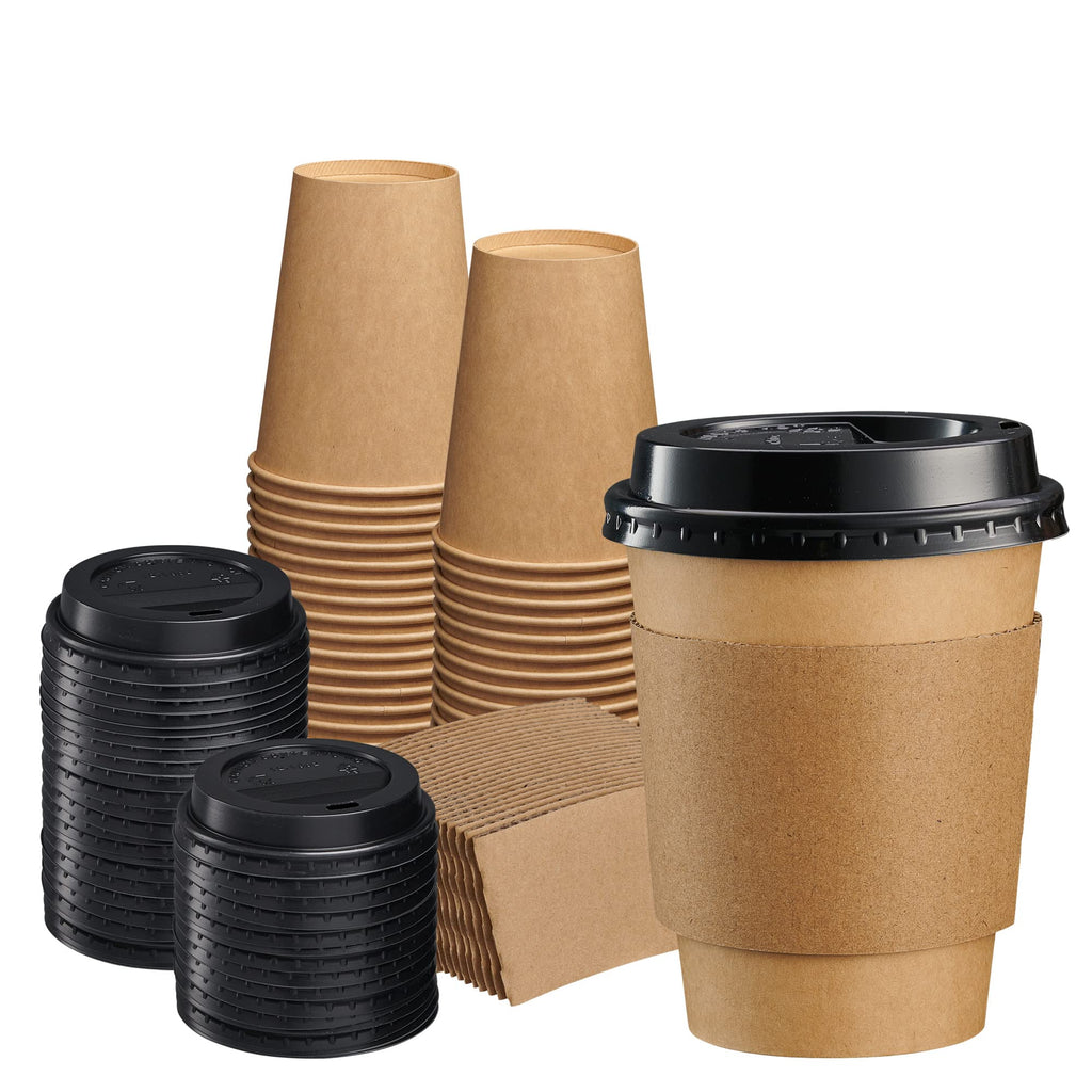 GUSTO [12 oz. - 50 Sets] Disposable Kraft Coffee Cups with Black Lids, Sleeves - to Go Paper Hot Cups (Formerly Comfy Package)