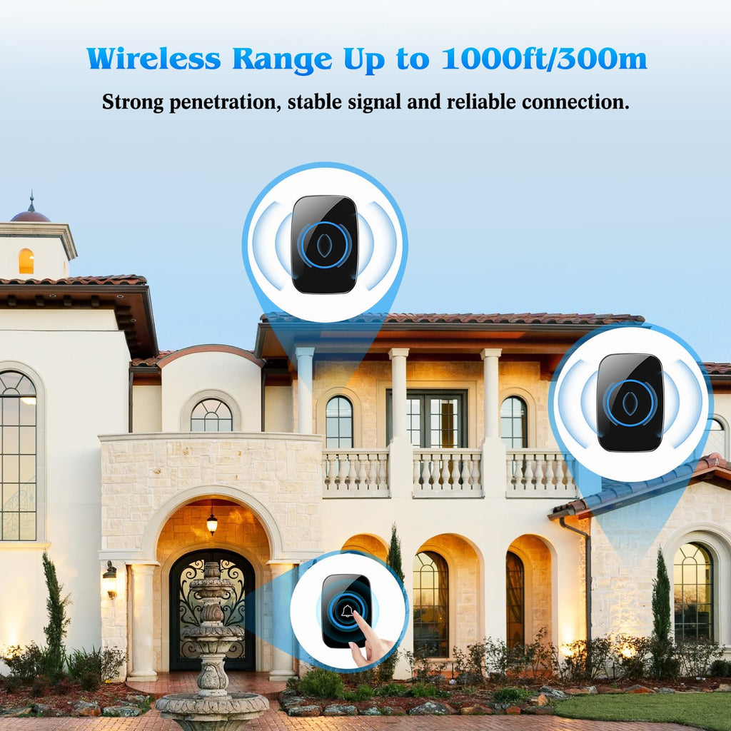 Lostrain Doorbell, Wireless Door Bell Waterproof with 1000ft/300m Operating Range, 60 Chimes, 5 Volume Levels, 2 Plug-in Receivers & 1 Push Button Cordless Doorbell Kit for Home, Office, Room