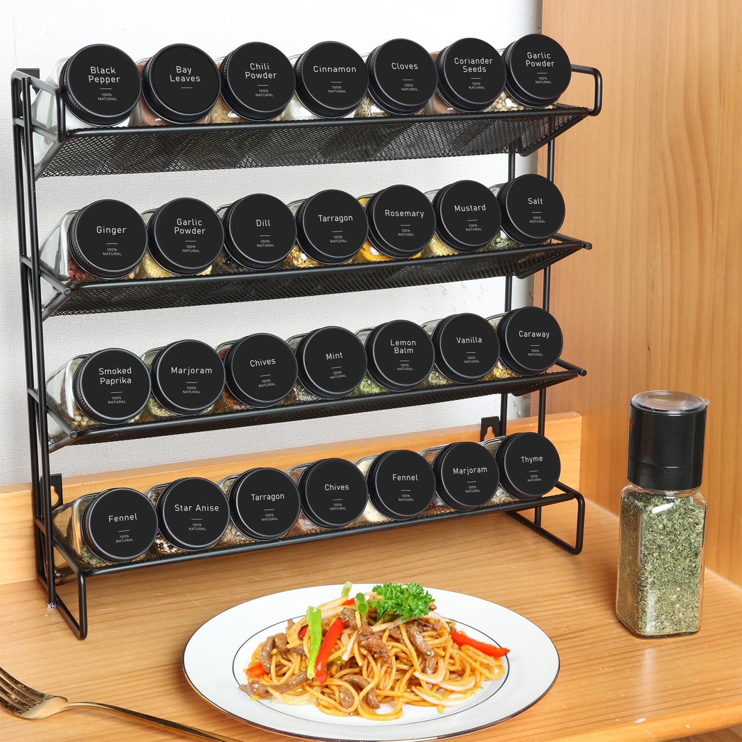 ComSaf 15Pcs 4oz Glass Spice Jars with Shaker Lids, 93 Labels, a Handy Funnel, a Pepper Grinder, Empty Spice Containers and Square Spice Bottles for Kitchen and Seasoning