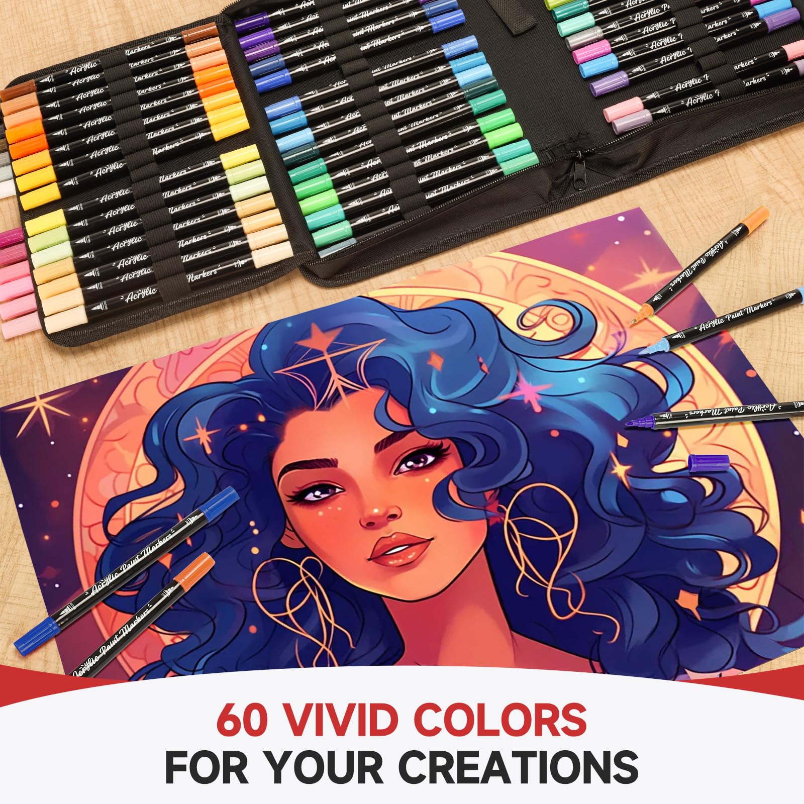Acrylic Paint Markers, 60 Colors Dual Tip Acrylic Paint Pens with Brush and Fine Tips for Rock Painting, Wood, Canvas,Ceramic,Card Making,Vibrant Color Ideal for Artists, Crafters & DIY Projects