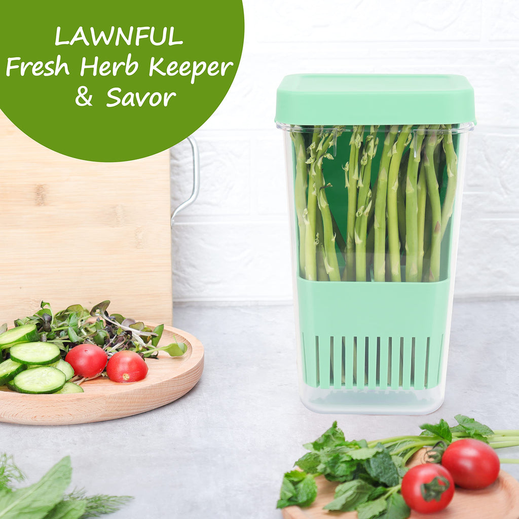 LAWNFUL 2 Pack Fresh Herb Keeper for Refrigerator, Clear Herb Saver, Storage Container for Cilantro, Parsley, Thyme, Mint & Asparagus, Preserver Keeps Fresh Herbs for 3 Times Longer, Green & Blue