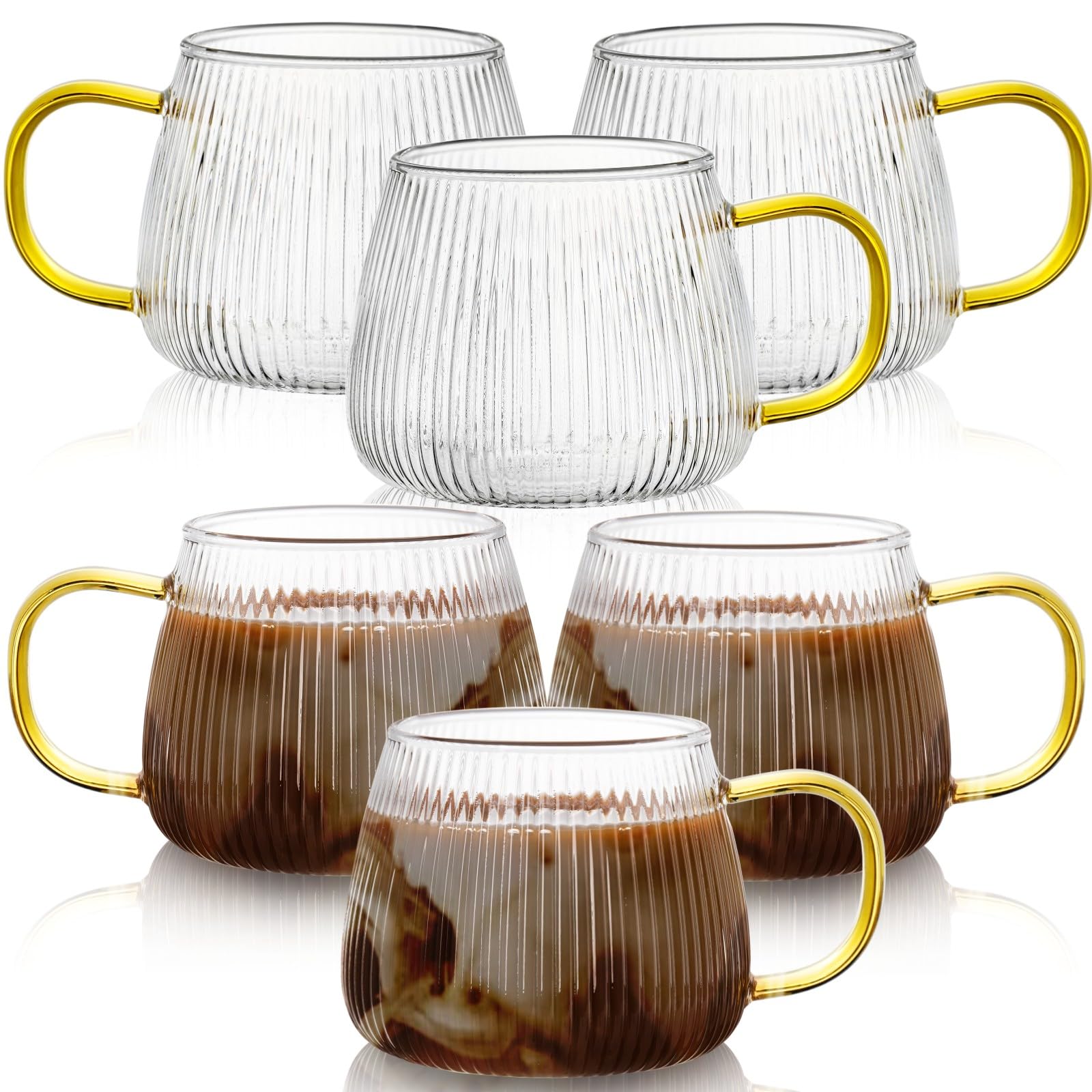 AVLA 6 Pack Glass Coffee Mugs, 16 OZ Unique Vertical Stripes Coffee Cup, Clear Large Tea Glasses with Handles, Vintage Transparent Glassware for Hot/Cold Beverages, Cappuccino, Latte, Espresso, Juice