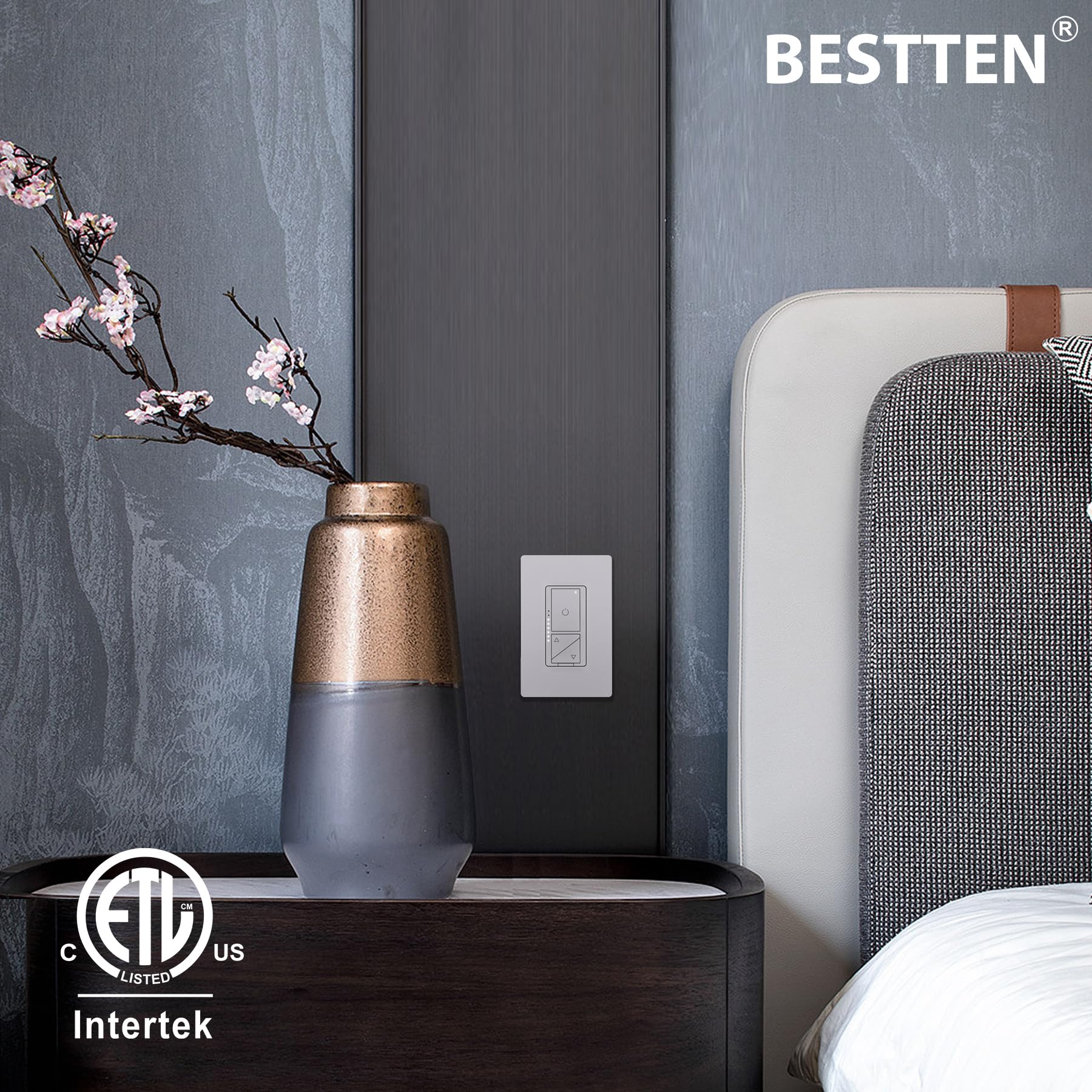 BESTTEN Digital LED Dimmer with Air Gap Power Cut-Off Switch and MCU Smart-chip Technology, Super Slim Design, 3 Button Control, Single Pole or 3 Way, Wallplates Included, cETL Listed, White