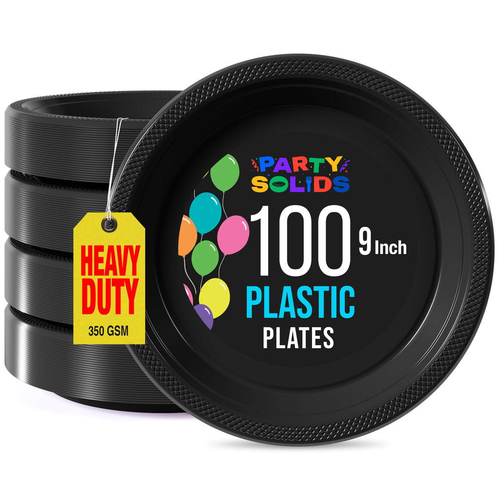 Party Solids Black Plastic Plates for Party 9" Black Disposable Plates Heavy Duty 100 Pcs Plastic Dinnerware Sets Heavy Duty 350 GSM Disposable Dinnerware Set