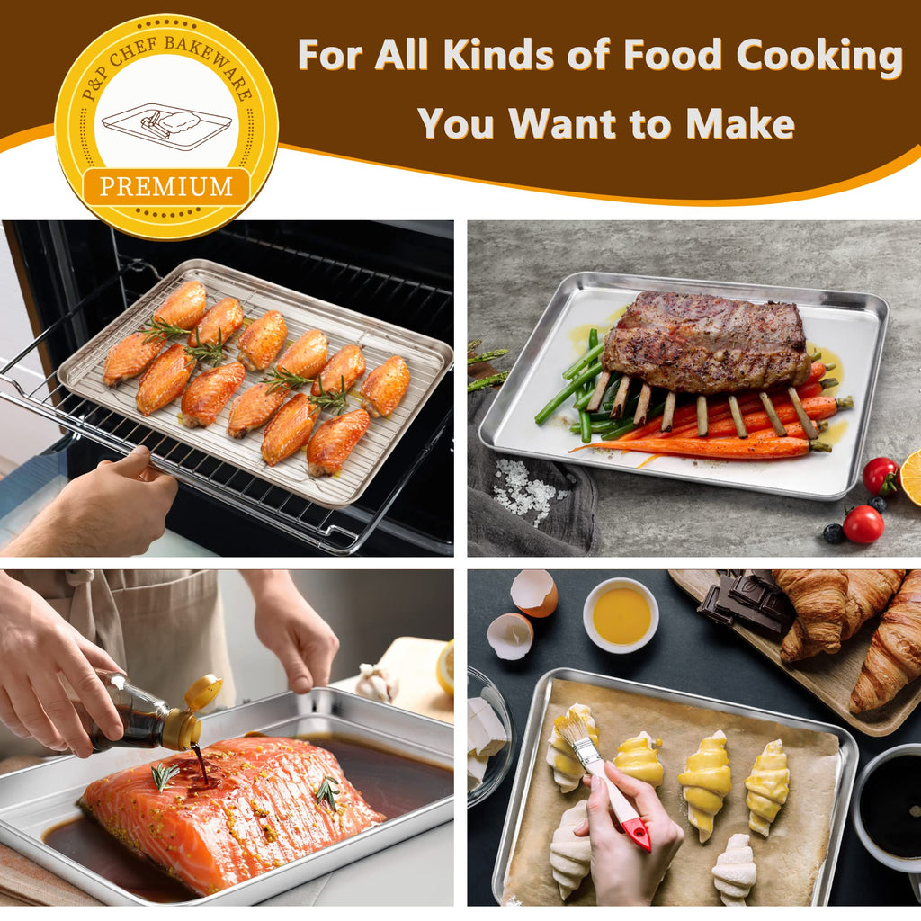 Toaster Oven Pan and Rack Set, P&P CHEF Toaster Oven Tray with Broiler Rack, Rectangle 12.5’’x9.7’’x1’’, Non Toxic & Healthy, Heavy Duty & Rust Free - Dishwasher Safe