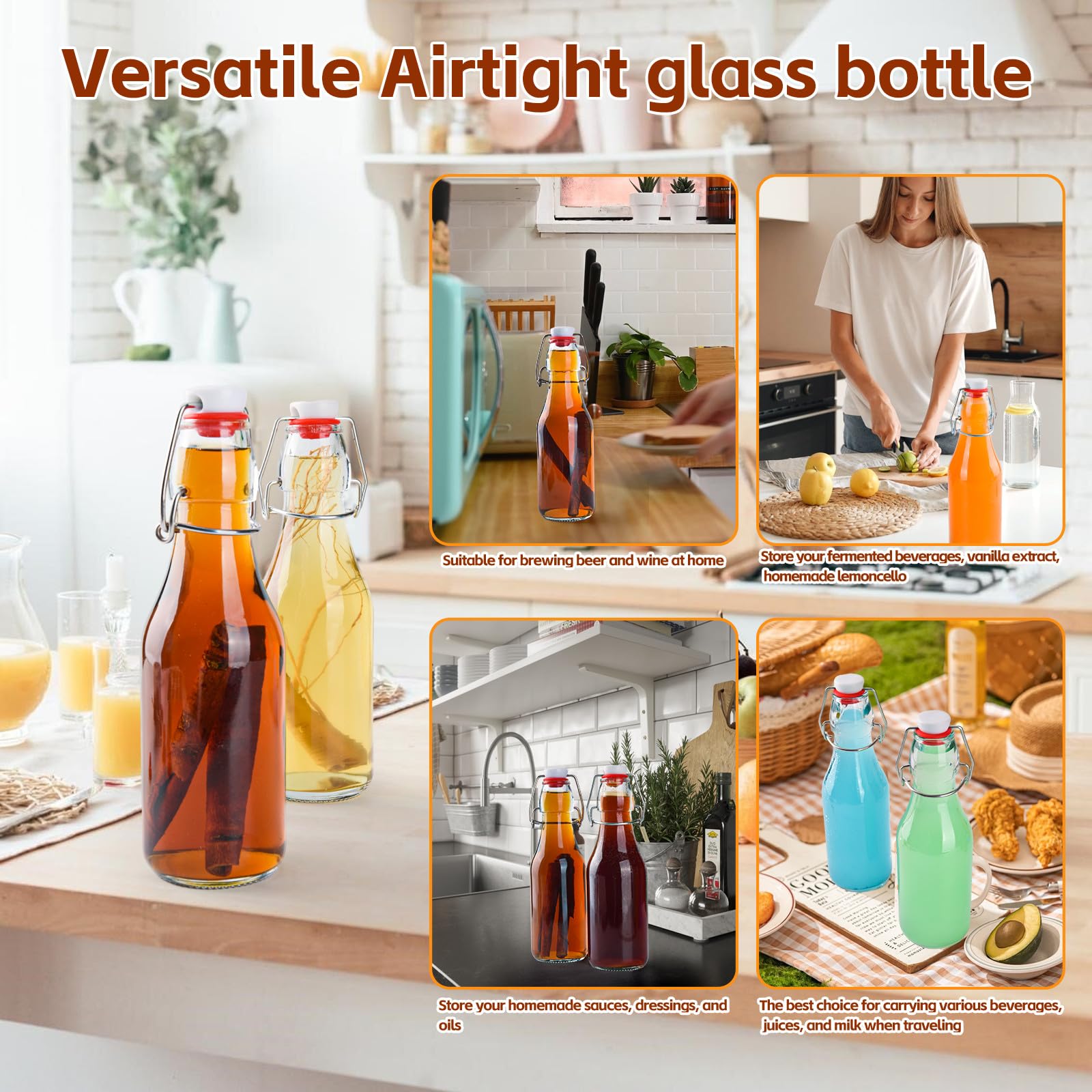 6 PCS 250ml Glass Bottles with Stoppers, Swing Top Beer Brewing Glass Bottles with Airtight Lid, Flip Top Glass Bottle for Fermentation, Kombucha, Vanilla Extract, Wine, Oil, Vinegar and Beverages