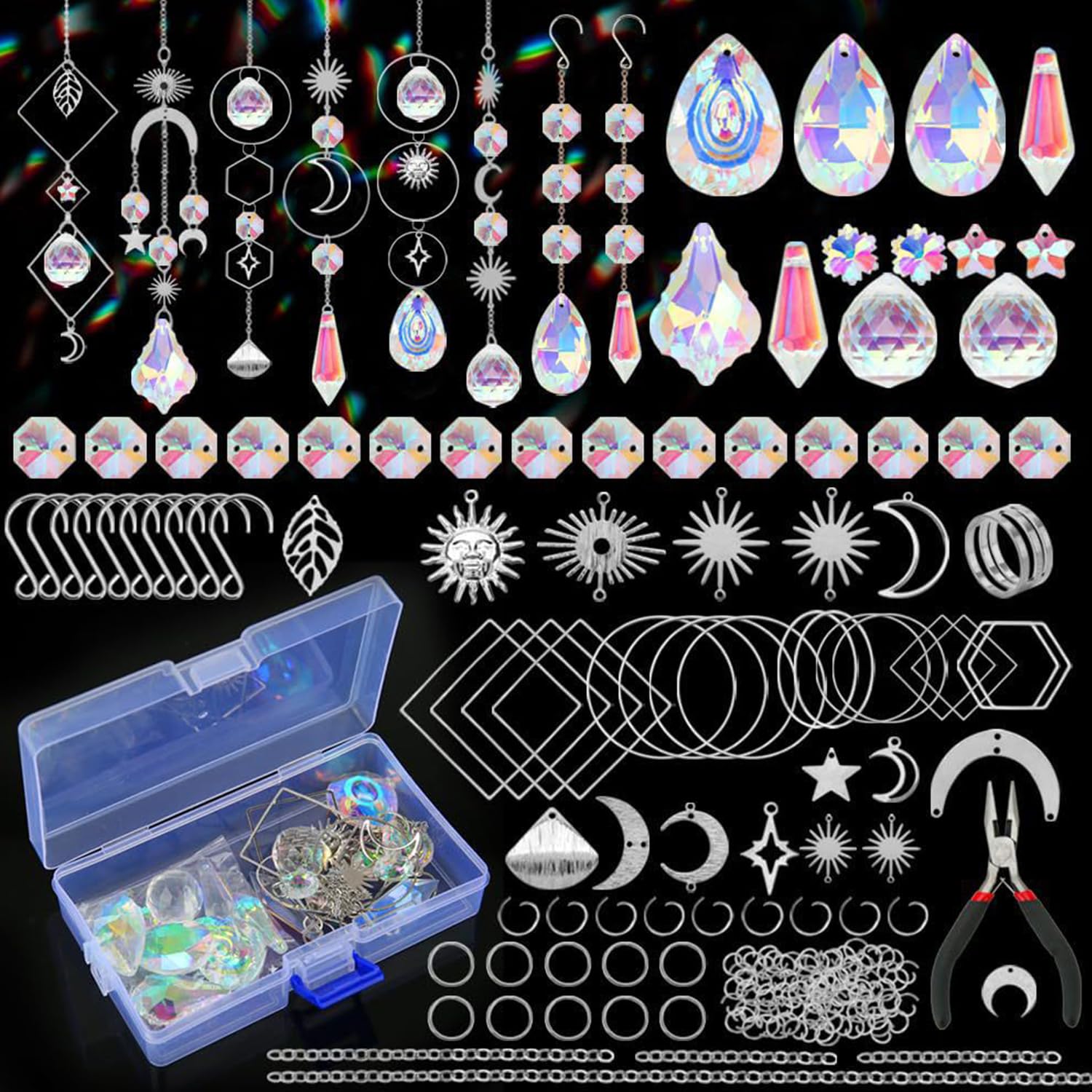 Paifeancodill Crystal Suncatcher Kits, 200 Pcs DIY Sun Catchers Making Hanging Chandelier Crystals Prisms Parts Rainbow Maker Pendants DIY Sun Catchers Beads Indoor Window Garden Decor (Silver)