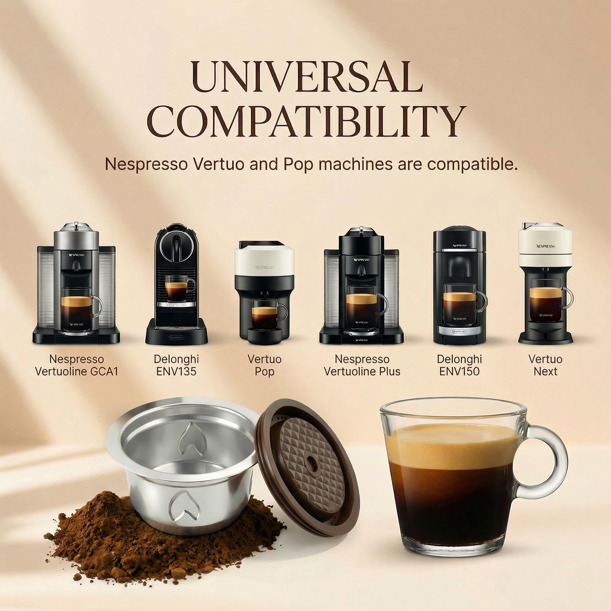 Reusable Coffee Pods for Nespresso Vertuo Machine (Compatible with Vertuo Next/Pop), 230ml Stainless Steel Refillable Coffee Capsule Set - Nespresso Accessories for Home & Office