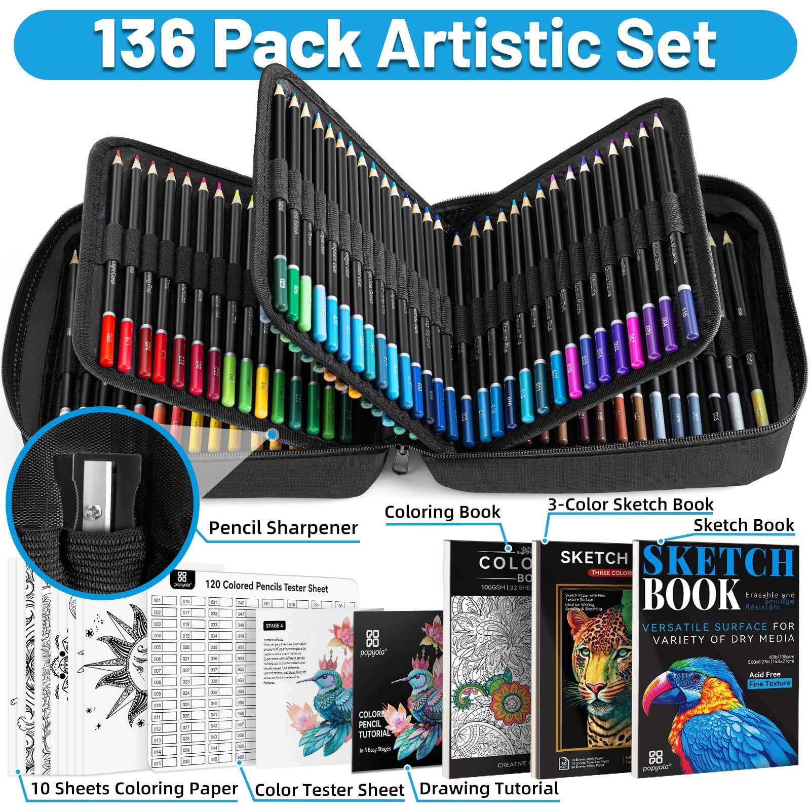 136 PCS Pencil Crayons Set for Adult Coloring Books, 120 Colored Pencils with 3-Color Sketchbook, Coloring Book, Sketchbook, Sharpener, Soft Core Coloring Pencils for Beginners Professionals Hobbyists