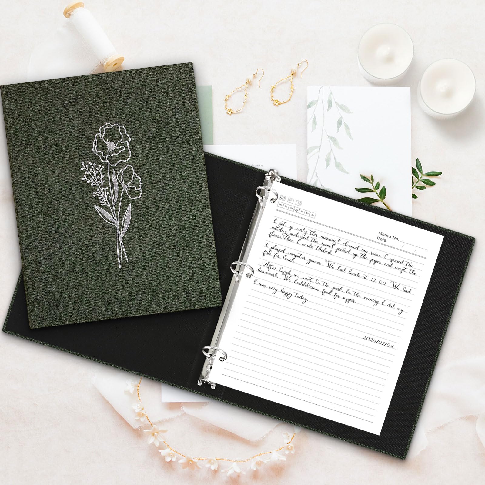 Lanpn Letter Size A4 3 Ring Binder 2 Packs, Linen Cover 1 inch Round Rings Can Holds 8.5" x 11" Paper for Office School Home Journaling Collections (Green)