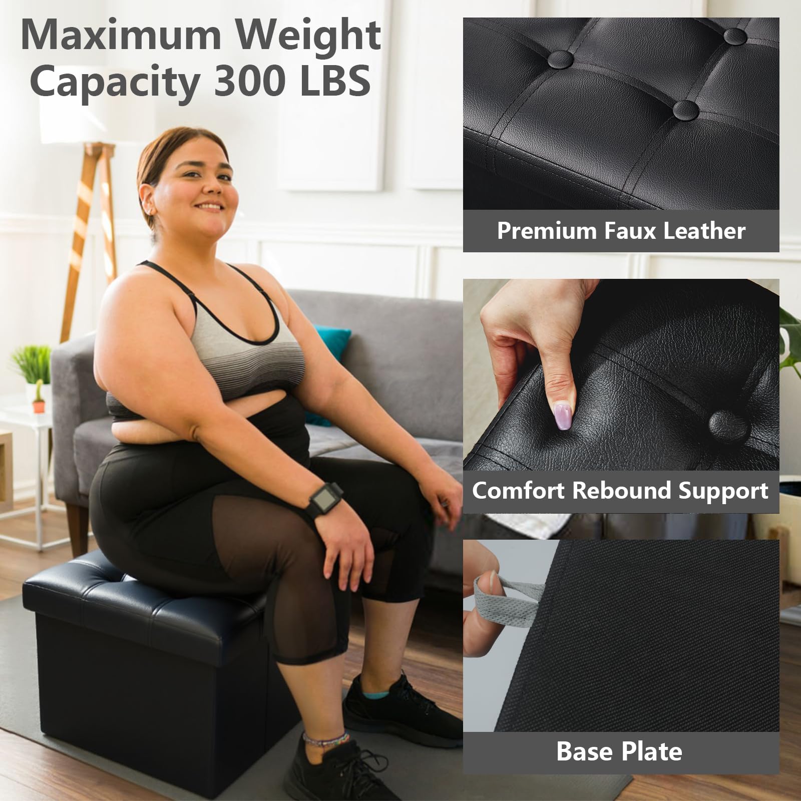 AmasSmile Storage Ottoman Foot Rest Stool, 17 inch Leather Folding Footstool Bench, Short Ottoman Stool, Black Storage Foot Rest Store, Books (Black, 33D x 43W x 33H cm)