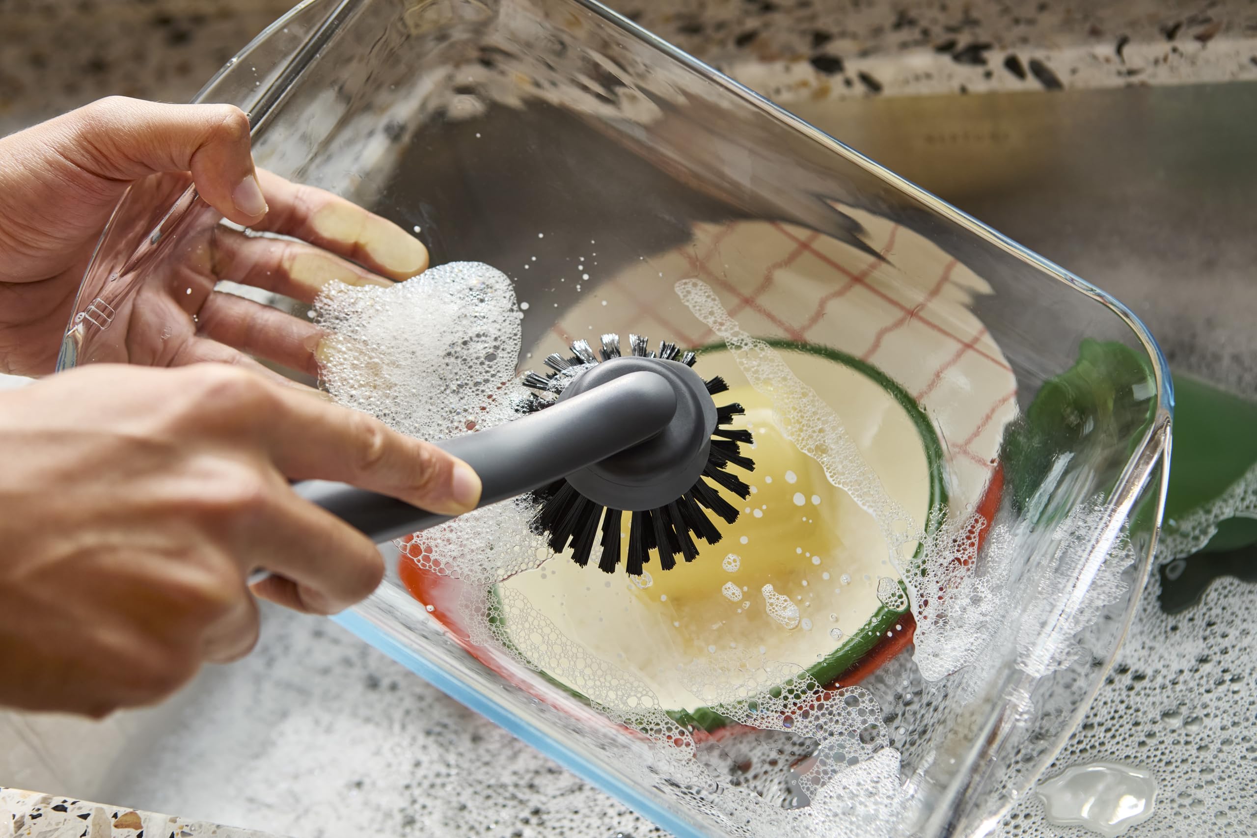 Joseph Joseph SinkTech Dish Brush with Stainless-Steel Storage Stand, Durable Bristles, Pan Scraper, Replaceable Head
