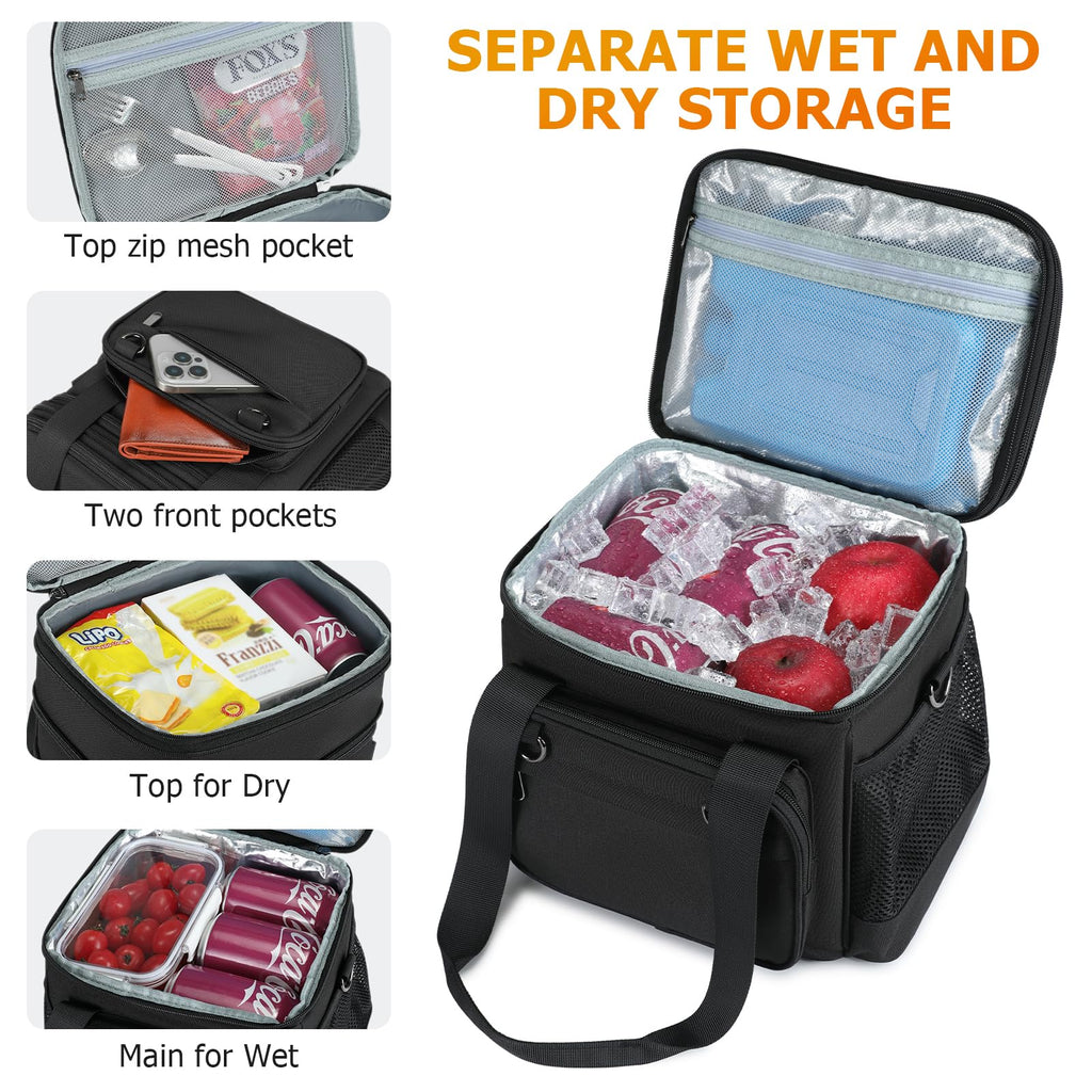 VRUCUZ Mens Lunch Bag for Work, 15L Expandable Insulated Lunch Box, Large Lunchbag for Men with Adjustable Shoulder Strap, Double Deck Adult Lunchbox Boite a Lunch Homme, Black