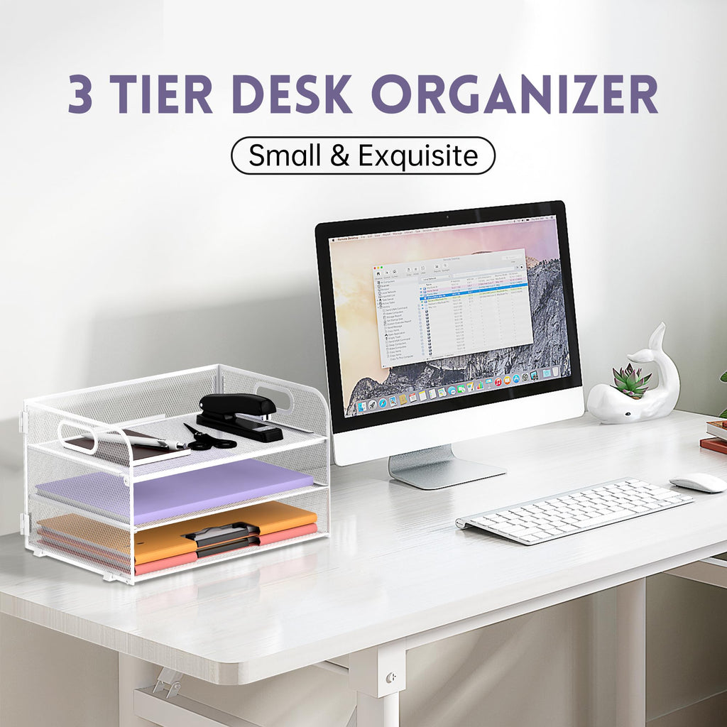 Supeasy 3 Tier Paper Organizer with Handle, Mesh Desk Organizer Letter Tray, Paper Tray File Organizer for A4 File Folder, White