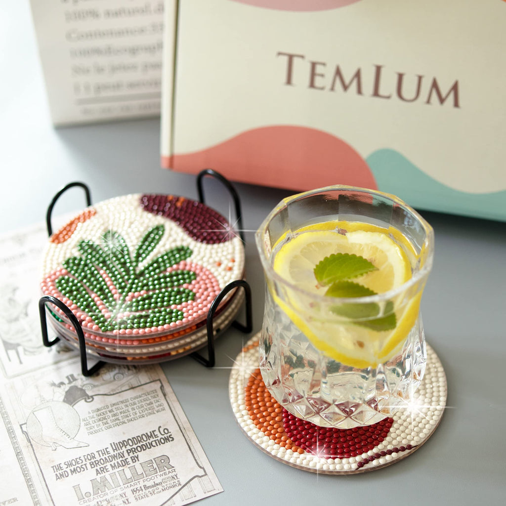 Temlum 6 Pcs Diamond Painting Coasters with Holder, DIY Abstract Plants Coasters Diamond Art Kits for Beginners, Adults Small Diamond Painting Craft Supplies
