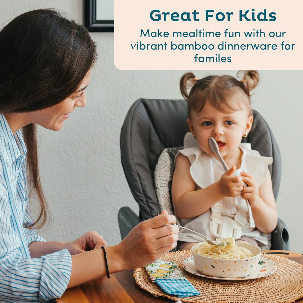 Nook Theory 4 Pack Reusable Bamboo Plates - Non-Toxic Toddler and Kids Plate, Dishwasher Safe, Not Microwavable Dinnerware (Catdog 8")