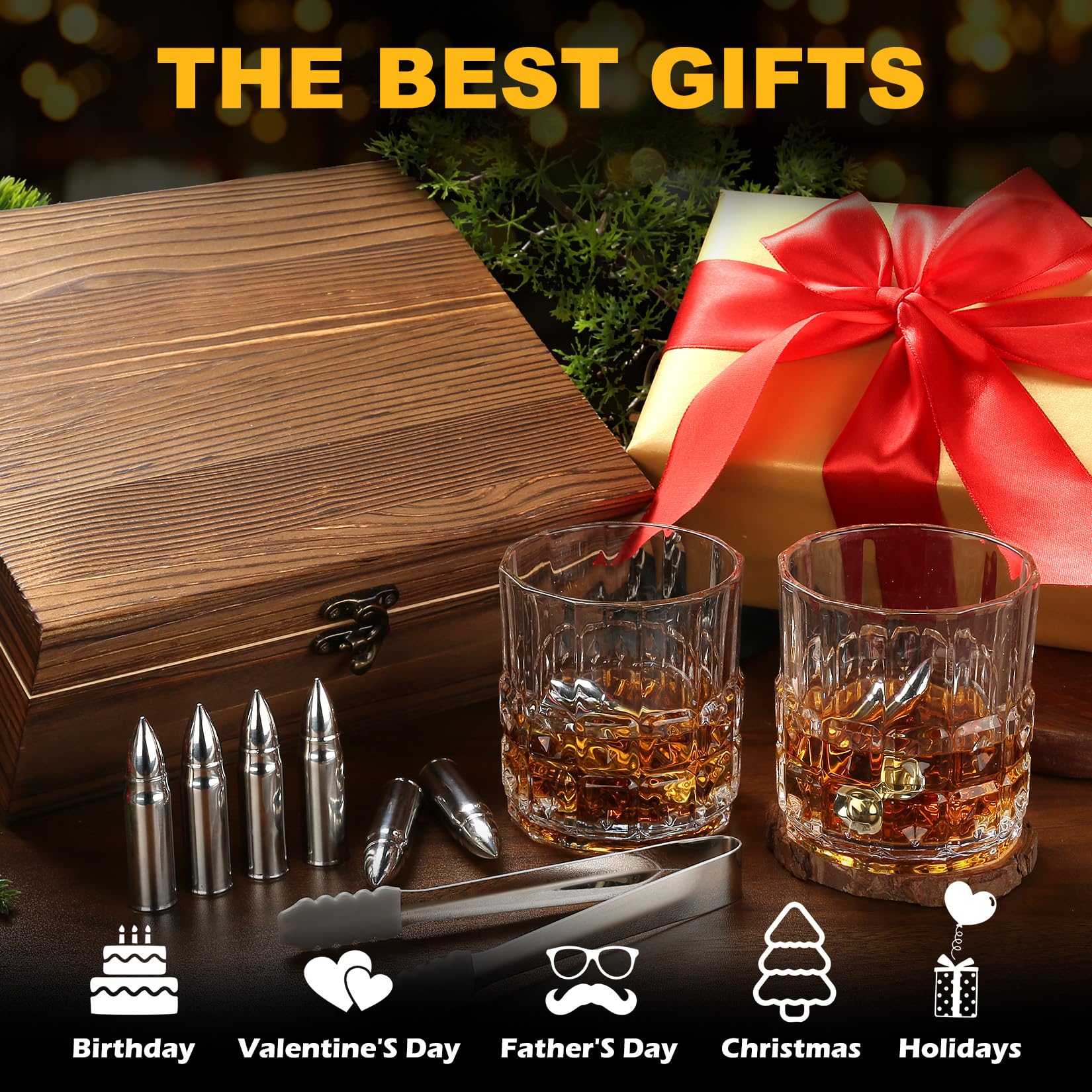 Gifts for Men, Valentine's Day Father's Day Anniversary Birthday Gifts Ideas for Dad Him Husband Boyfriend, Stainless Steel Whiskey Stones and Whiskey Glasses Set, Cool Whiskey Bourbon Gifts for Men