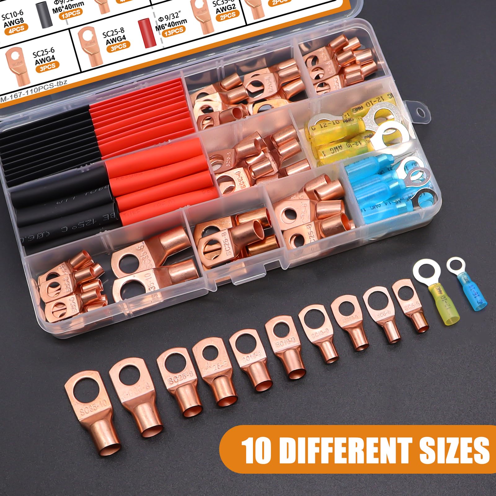 mankk 110pcs Copper Wire Lugs AWG 2 4 6 8 10 12 14 16 Gauge Battery Terminal Connector Battery Cable End Connector Copper Ring Terminal Kit with Heat Shrink M-N-067-110PCS-tbz