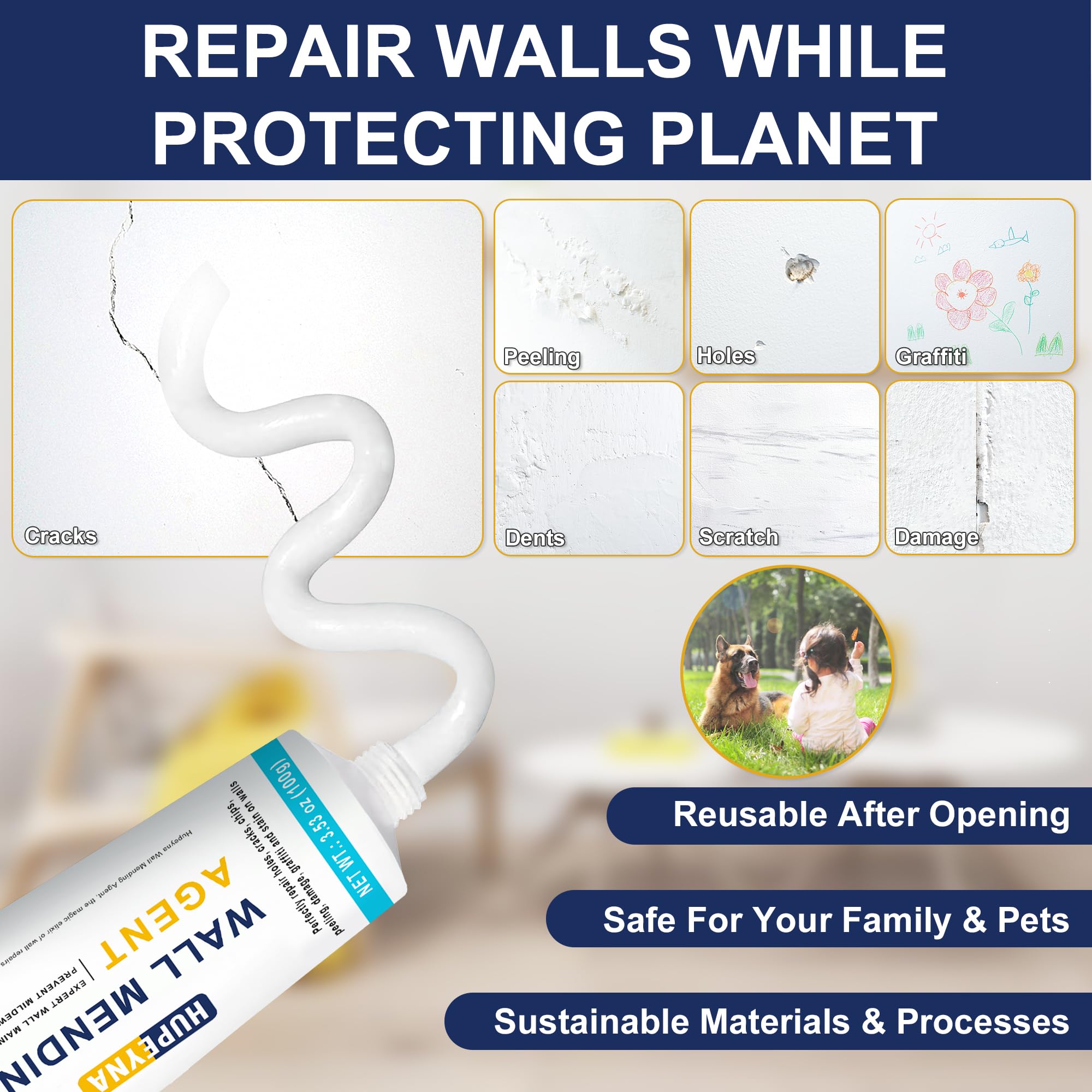 Hupeyna Drywall Repair Kit, 2 Pack Spackle Wall Repair, Drywall Patch Repair Kit with Scraper, Fast-Drying Wall Mending Agent, Effortlessly Fill Wall Surface Hole and Cracks Solution