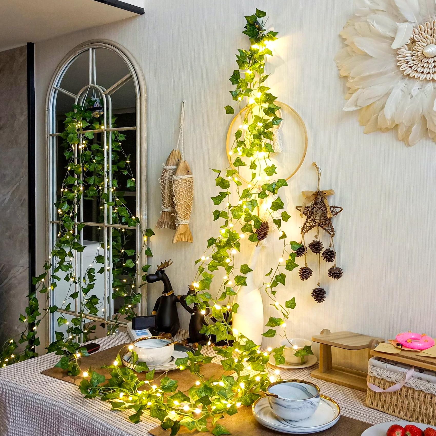 KASZOO 33ft 100 LED Vine with Fairy Lights with Remote - Fake Vines String Lights Battery/USB Operated, Ivy Garland, Leaf Lights for Bedroom Garden Party Wall Room Decor