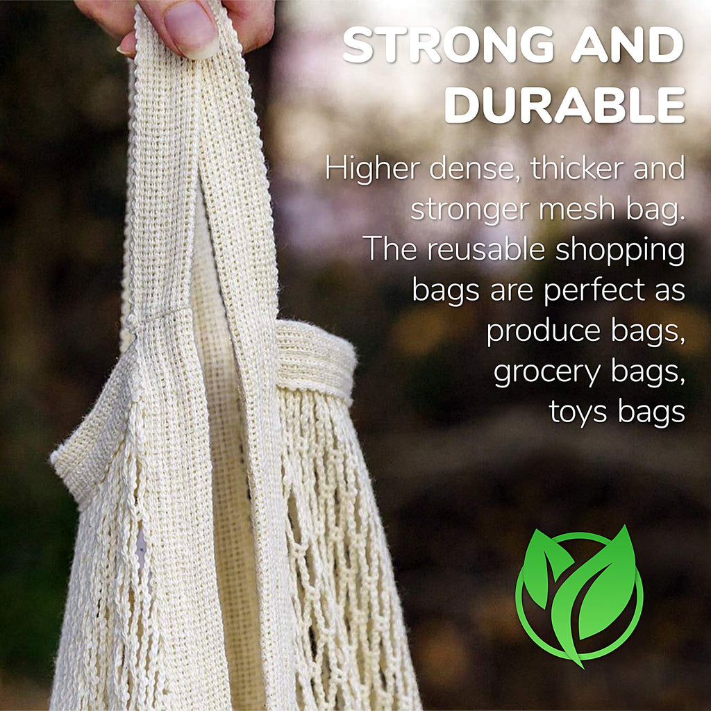 MERCURHOUSE 5 pack Cotton String Shopping Bags Reusable Washable Grocery Mesh Bags Organizer for Grocery Shopping Produce Net Bags with Longhandle for Fruit Vegetable Storage