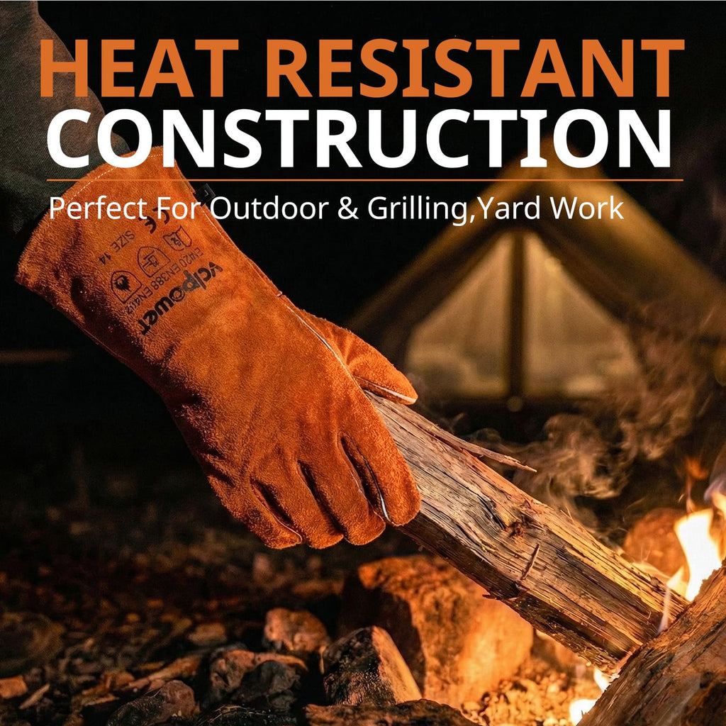 Vclpower Fireplace Gloves Fire Heat Resistant: 932°F Fireproof Leather for Fireplace Fire Pit Wood Stove Campfire Furnace BBQ Baking,Grill Oven Stick Mig Tig Welding Welder Gear for Man L 14in Brown