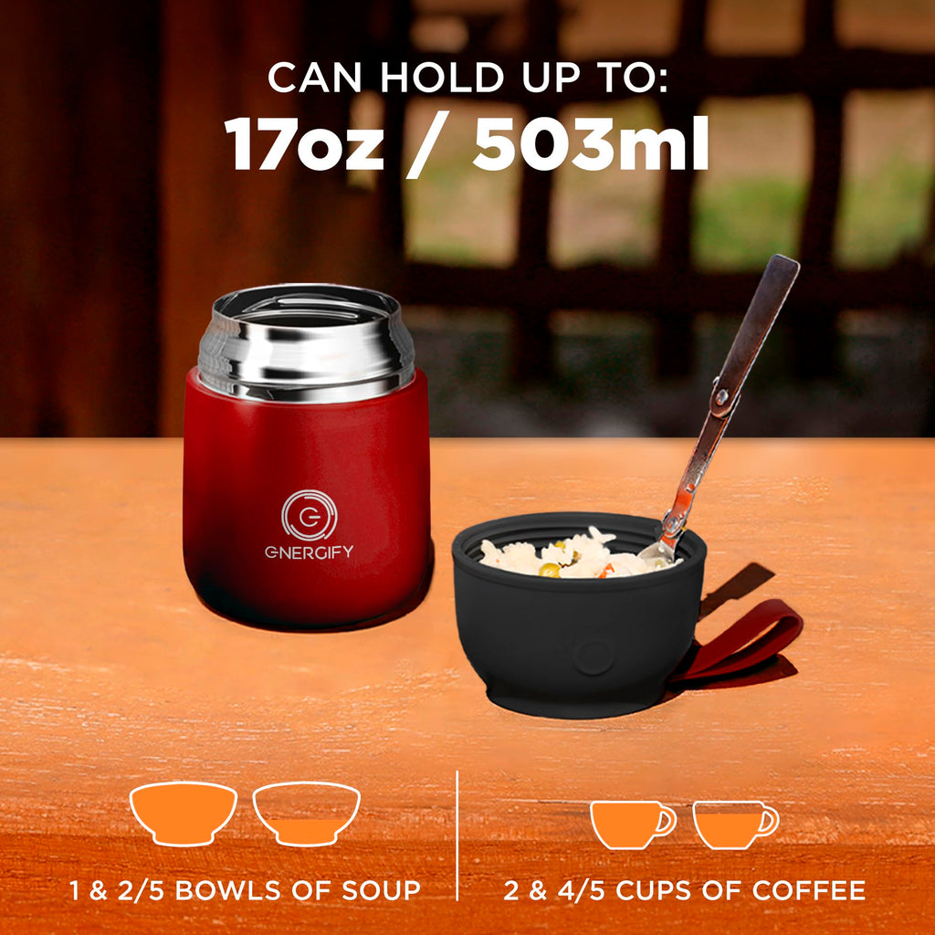 Vacuum Insulated Food Jar. Bowl incl. Folding Spoon, Cup. Wide Mouth Keep Hot & Cold Drinks Soup Lunch Container for Adults. BPA-Free Stainless Steel, Leak Proof Radiant red, 17oz