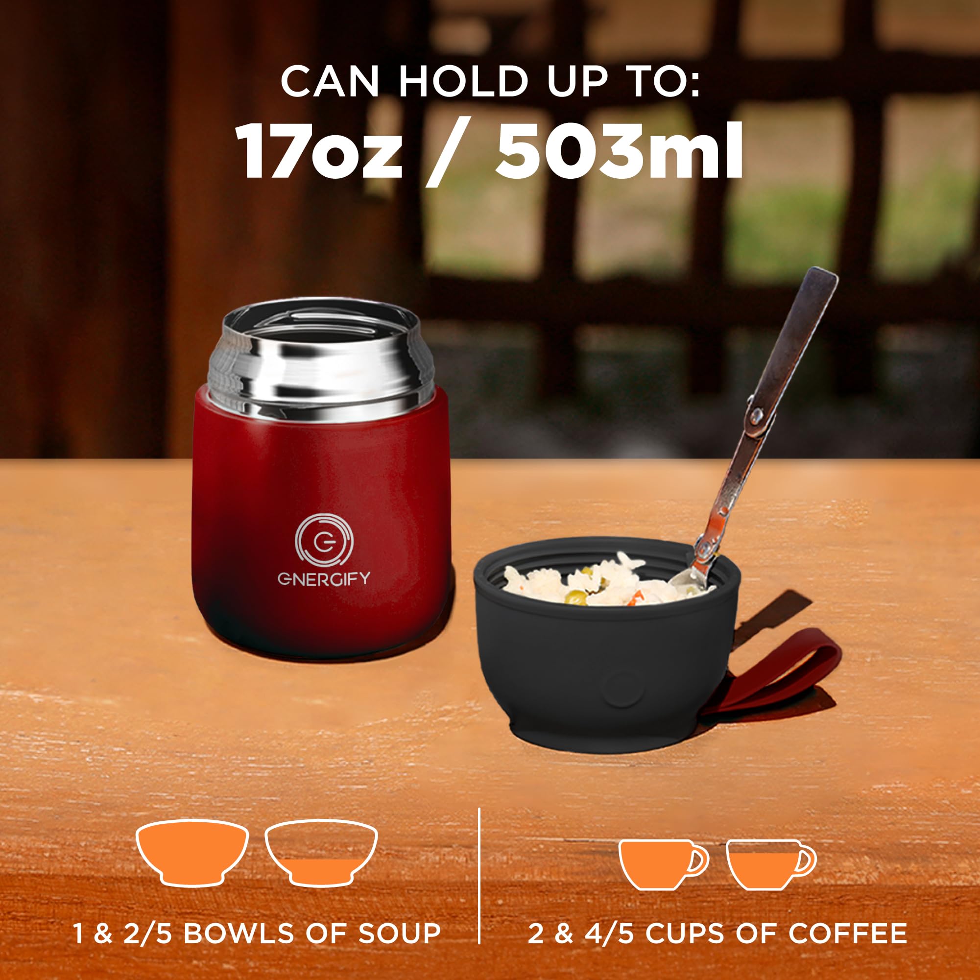Vacuum Insulated Food Jar. Bowl incl. Folding Spoon, Cup. Wide Mouth Keep Hot & Cold Drinks Soup Lunch Container for Adults. BPA-Free Stainless Steel, Leak Proof Radiant red, 17oz