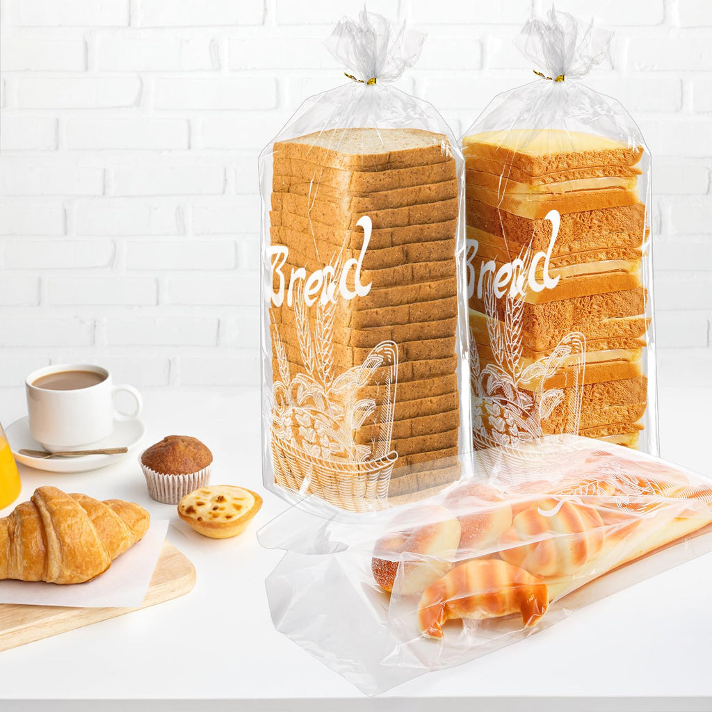 Nicunom 200 Pack Reusable Plastic Bread Bags, Gold Ties, 8” x 4” x 18”, Clear, Sturdy, BPA Free, Perfect for Bread, Bakery, Home Bakers, and Food Service Industries