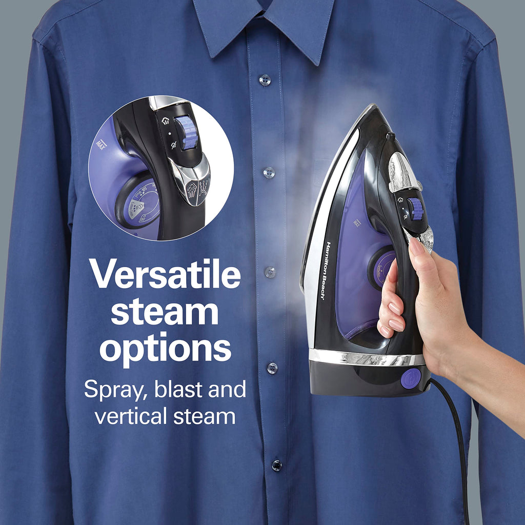 Hamilton Beach Steam Iron for Clothes, Retractable Cord Iron, Stainless Steel Soleplate, 1200W, Vertical Steam, Spray & Steam Boost, Black, 14214