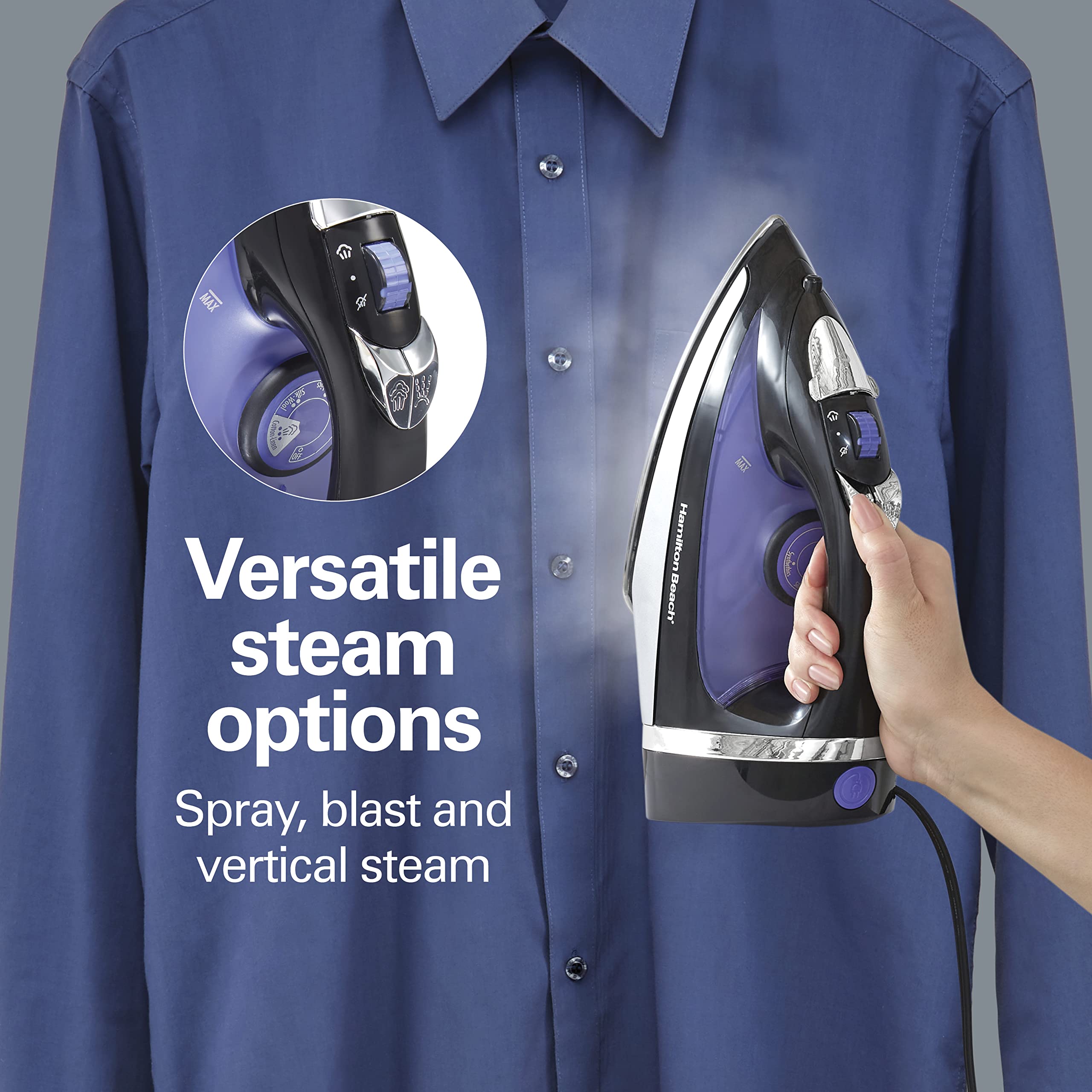Hamilton Beach Steam Iron for Clothes, Retractable Cord Iron, Stainless Steel Soleplate, 1200W, Vertical Steam, Spray & Steam Boost, Black, 14214