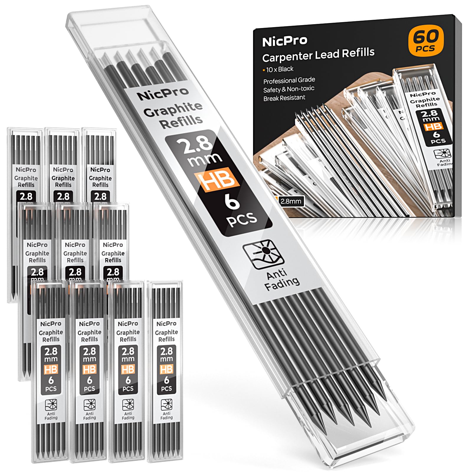Nicpro 60 Pieces Carpenter Pencil Lead Refills 2.8mm, Lead Refill for Mechanical Carpenter Pencil, Break Resistant 2.8 mm Leads for Construction Pencils, Woodworking Pencils (Black)