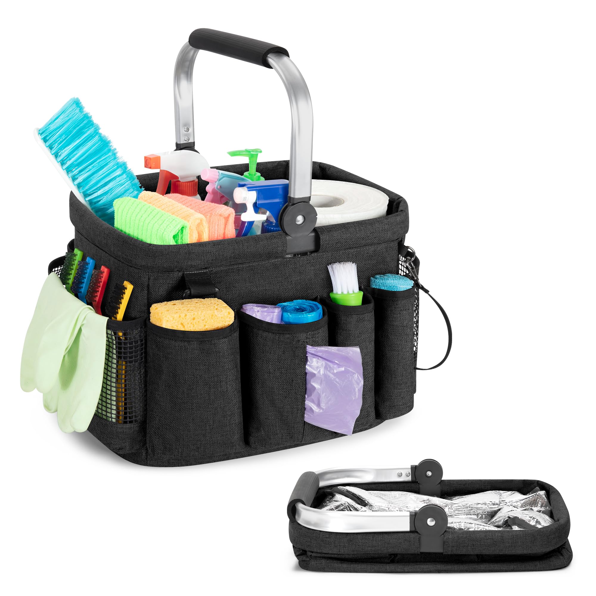 PGmoon Cleaning Caddy Organizer with Handle, Cleaning Tote Bag with Multiple Pockets for Cleaning Supplies, Products Storage, Housekeepers, Car Cleaning, Black