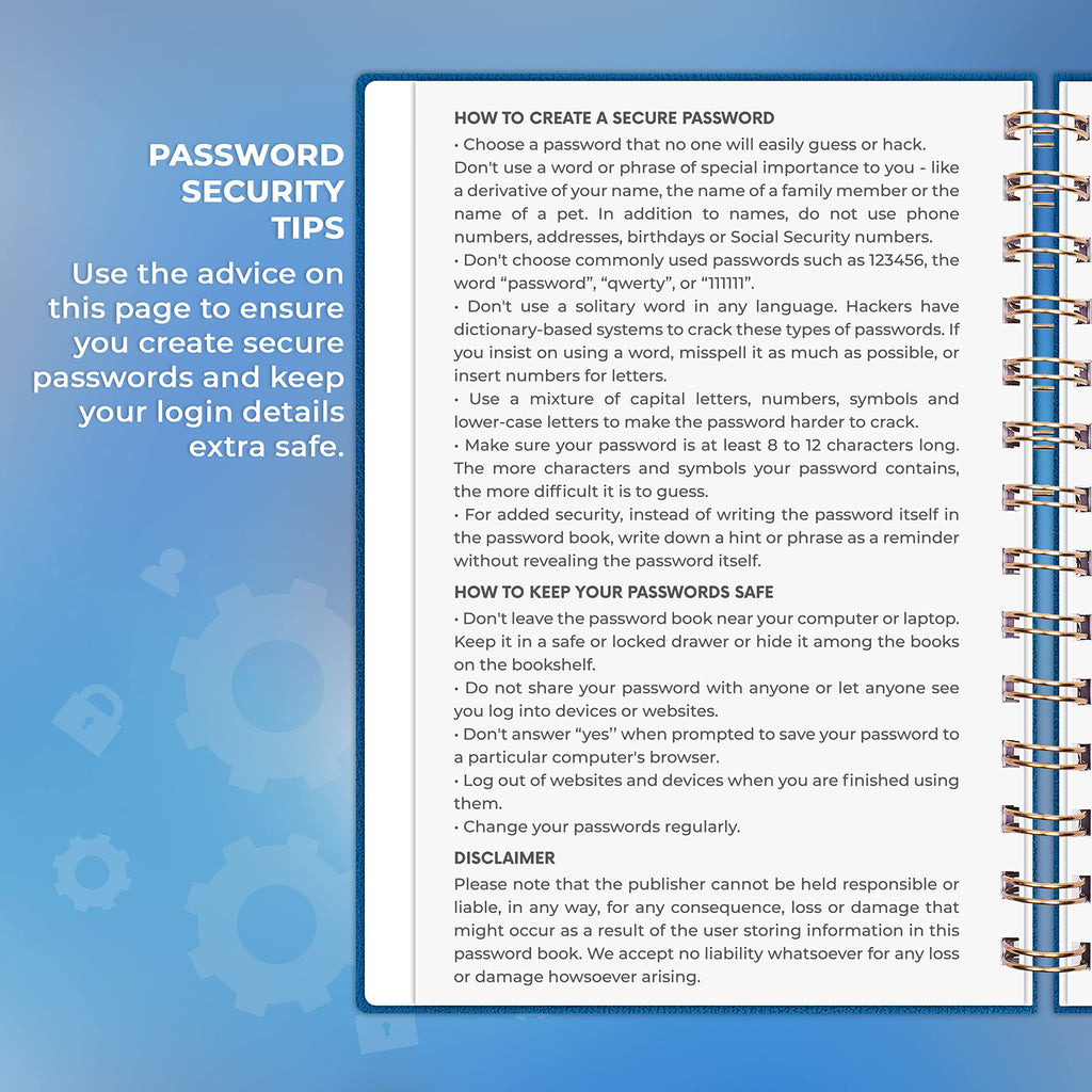 Clever Fox Password Book Spiral – Internet Address & Password Organizer with Laminated Alphabetical Tabs – Password Keeper Journal – Hardcover, Medium Size, 6.1x7.7” (Mystic Blue)