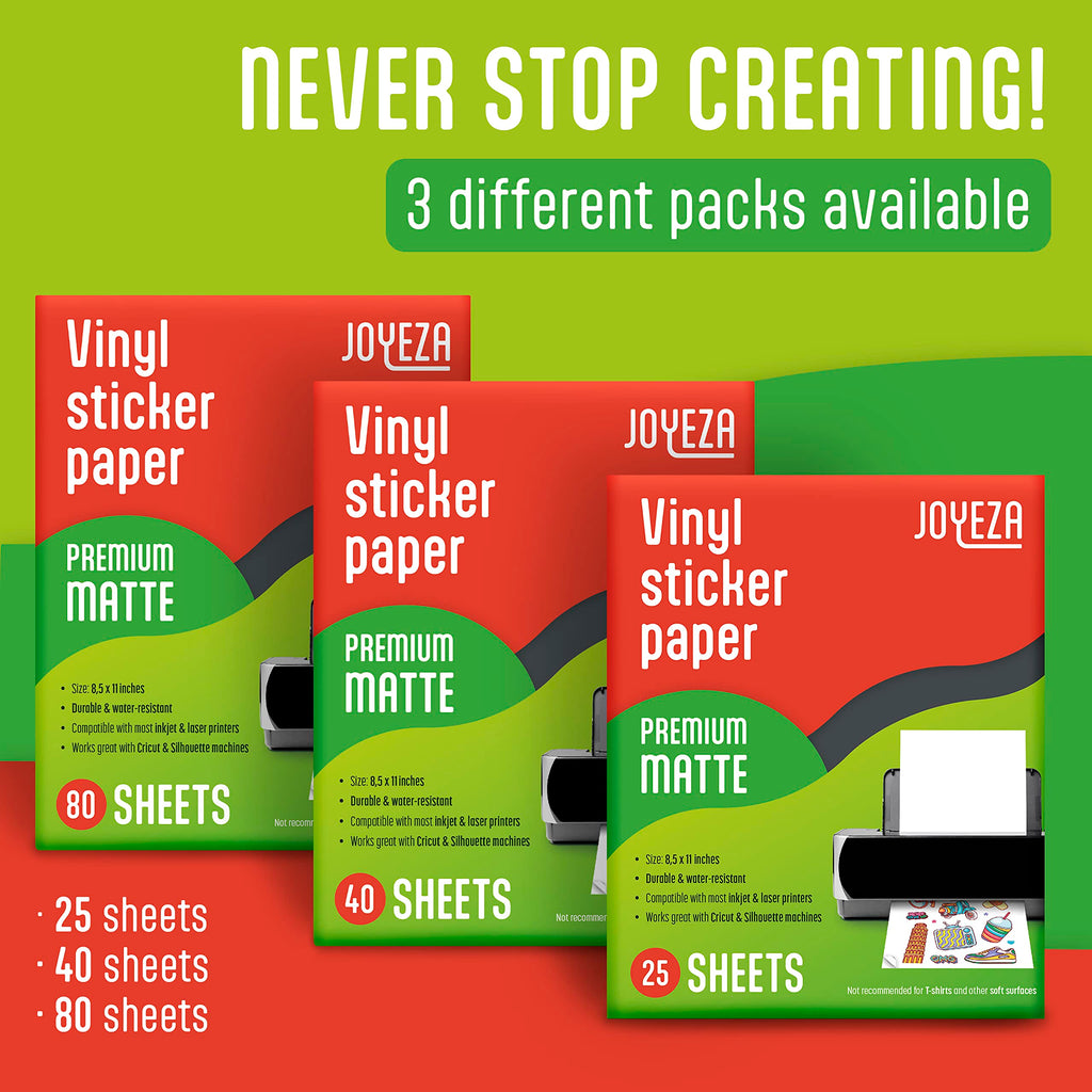 JOYEZA Premium Printable Vinyl Sticker Paper for Inkjet Printer - 25 Sheets Matte White Waterproof, Dries Quickly Vivid Colors, Holds Ink Well- Tear Resistant - Inkjet & Laser Printer