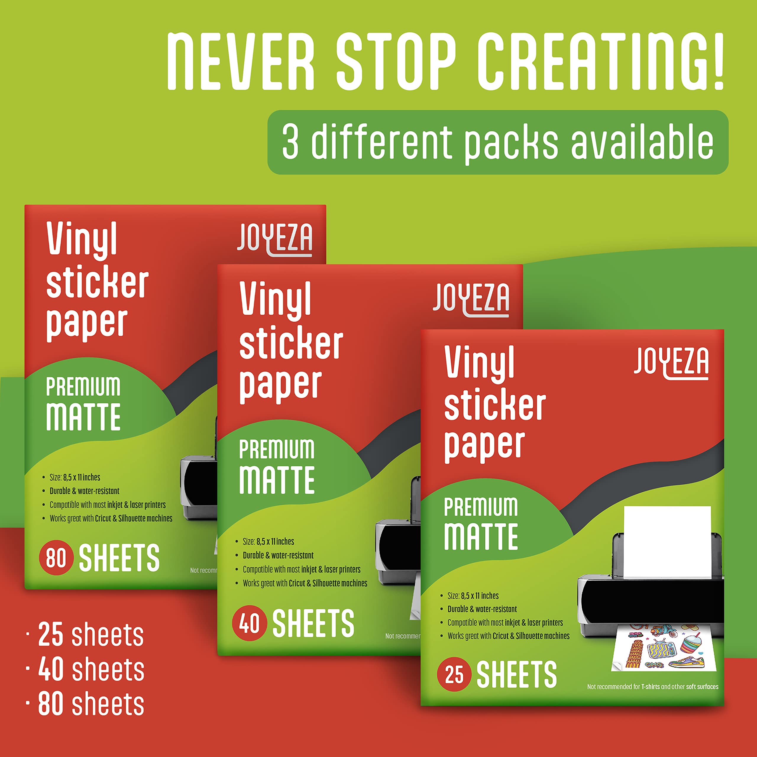 JOYEZA Premium Printable Vinyl Sticker Paper for Inkjet Printer - 25 Sheets Matte White Waterproof, Dries Quickly Vivid Colors, Holds Ink Well- Tear Resistant - Inkjet & Laser Printer