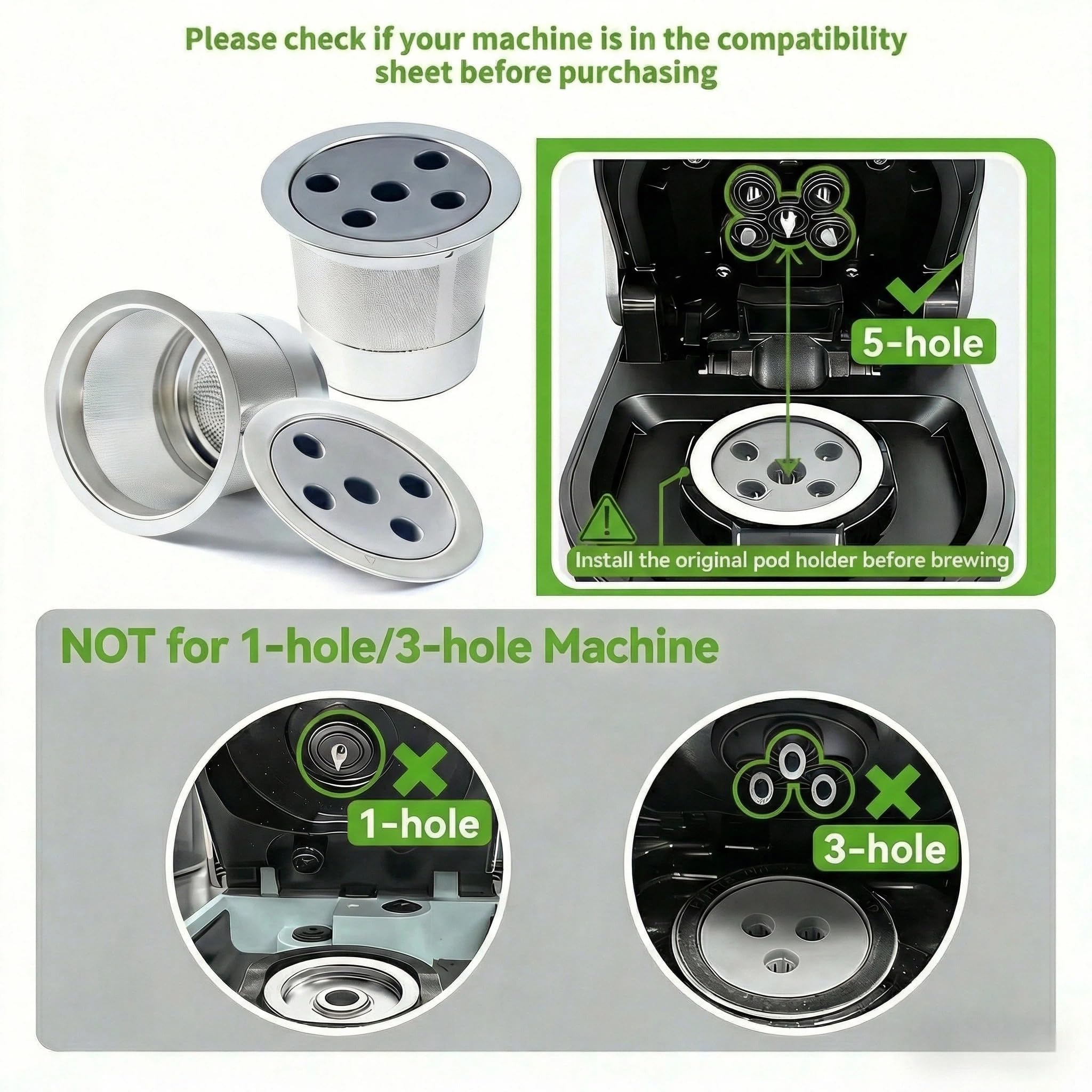 2 Pack Stainless Steel Reusable K Cups for K eurig Supreme & Supreme Plus/K Slim/K-Duo Gen2/K-Brew Chill, Five Hole Universal K-eurig Refillable Coffee pod Filter with MultiStream