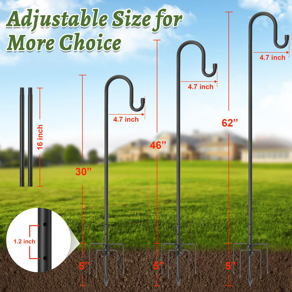 COCONUT Shepherds Hook for Bird Feeder, 62 Inch Adjustable Bird Feeder Pole with 5 Prong Base, 4/5 Inch Diameter Shepherds Hook for Outside, Garden Hanger Stand for Wind Chime, Lantern