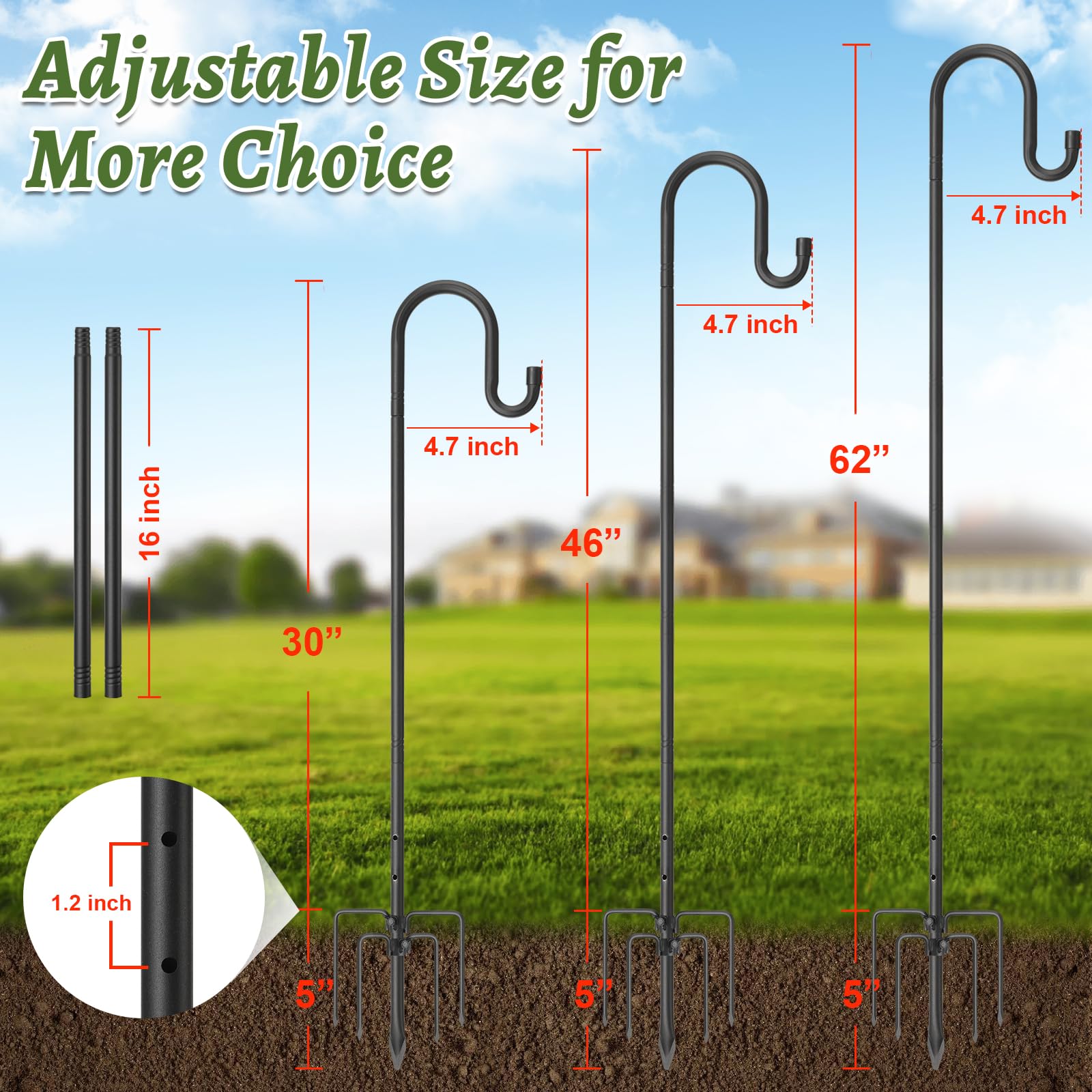 COCONUT Shepherds Hook for Bird Feeder, 62 Inch Adjustable Bird Feeder Pole with 5 Prong Base, 4/5 Inch Diameter Shepherds Hook for Outside, Garden Hanger Stand for Wind Chime, Lantern