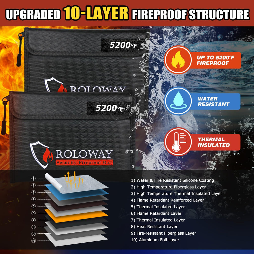 ROLOWAY Fireproof Bag (9.6 x 6.6 inches) 5200°F Heat Insulated, Fireproof Money Bag with Zipper for Cash, Fireproof Safe Bank Bag, Fireproof Money Organizer for Cash (2-Pack Black)